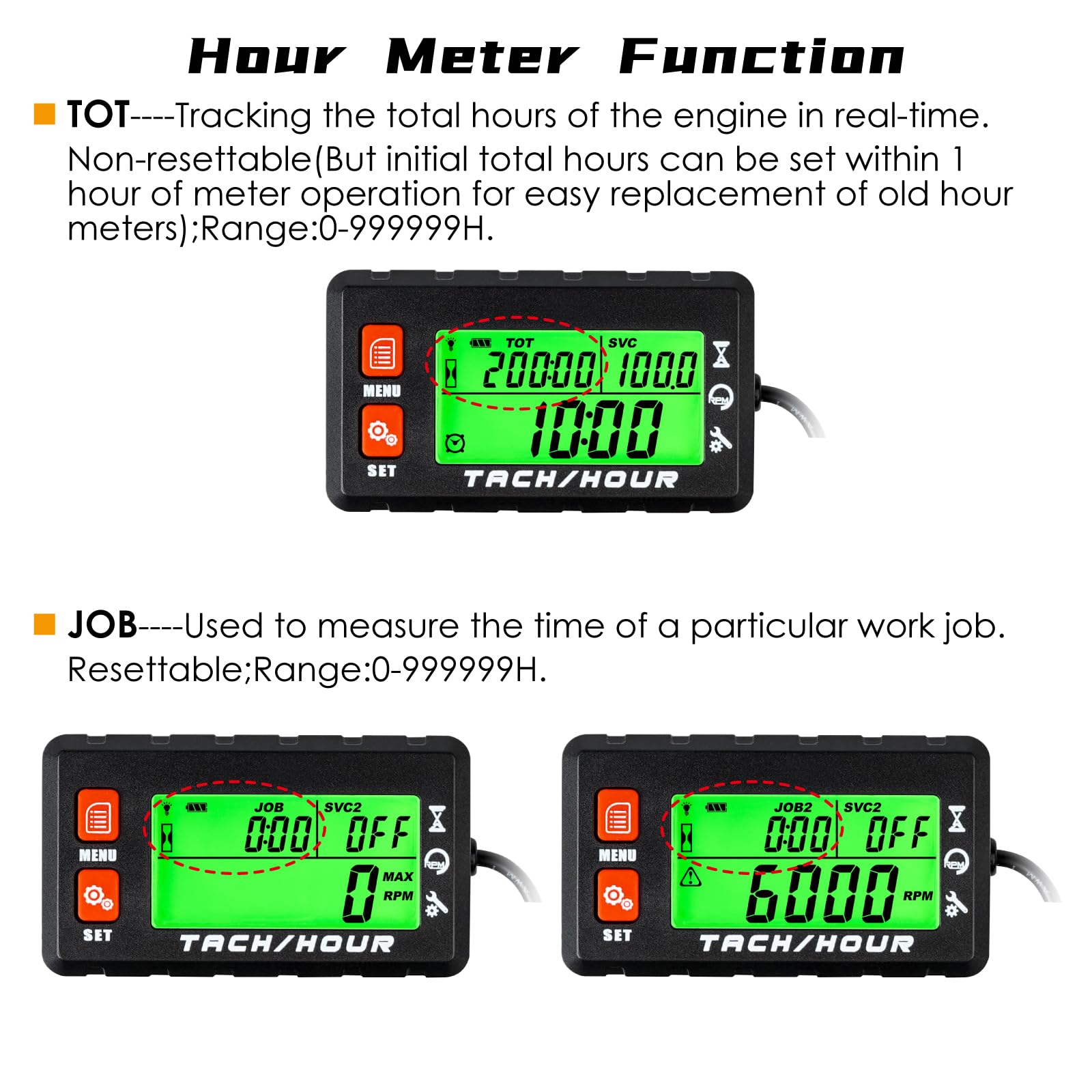 Tacómetro digital contador de horas impermeable con pinza de cocodrilo y batería reemplazable