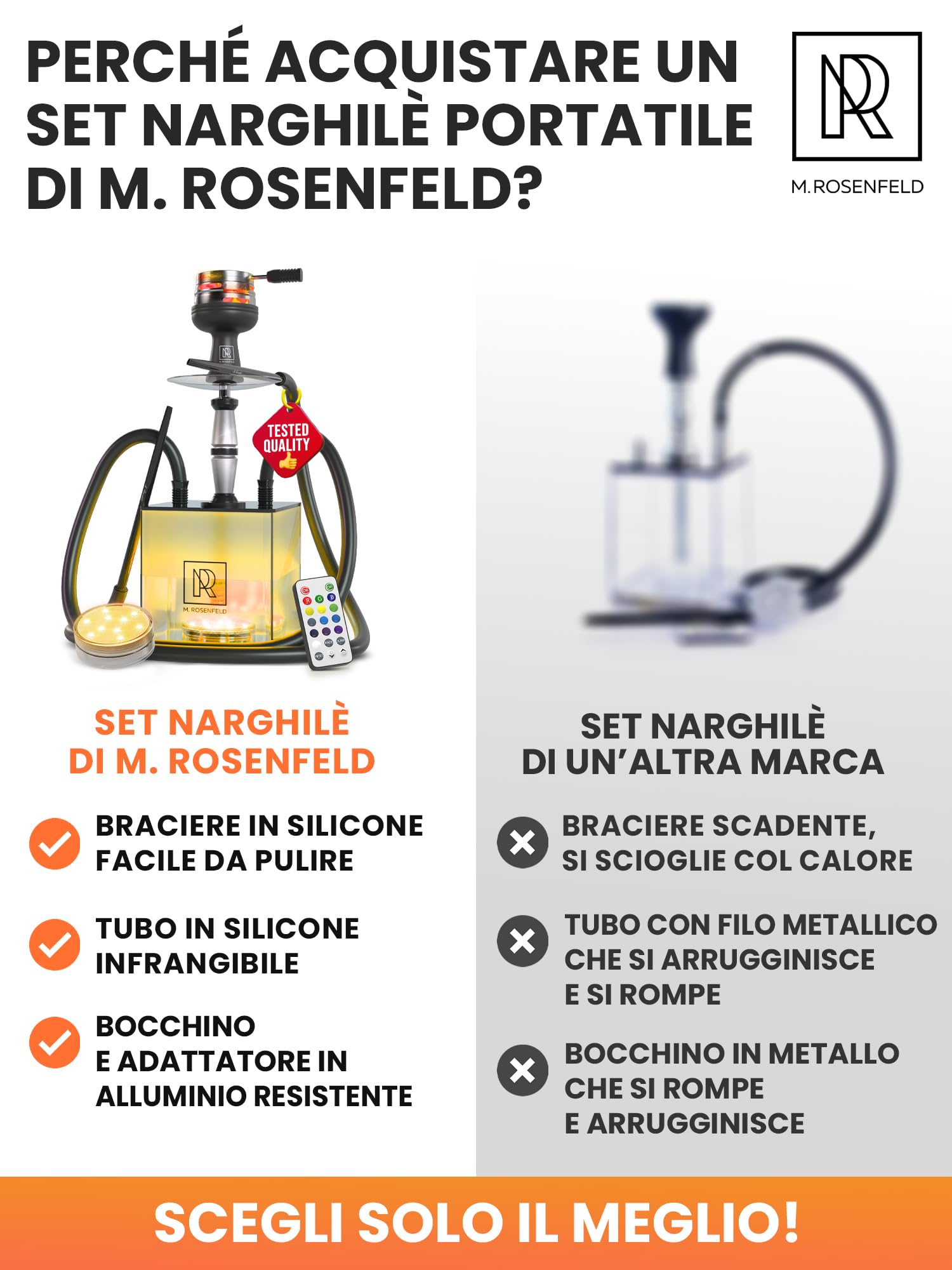 M. ROSENFELD Narghilè Completo Professionale 2 Tubi con LED - Shisha Portatile Premium Set HMD + Borsa Viaggio - Hookah Alluminio con Accessori