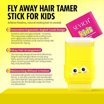 SEVICH Hair Wax Stick for Kids with Comb,Angled & Flat Double Comb for Flyaway Hair & Frizz Control,Gentle Moisturizing Formula with Shea Butter & Strawberry Extract,Dinosaur Design,15g