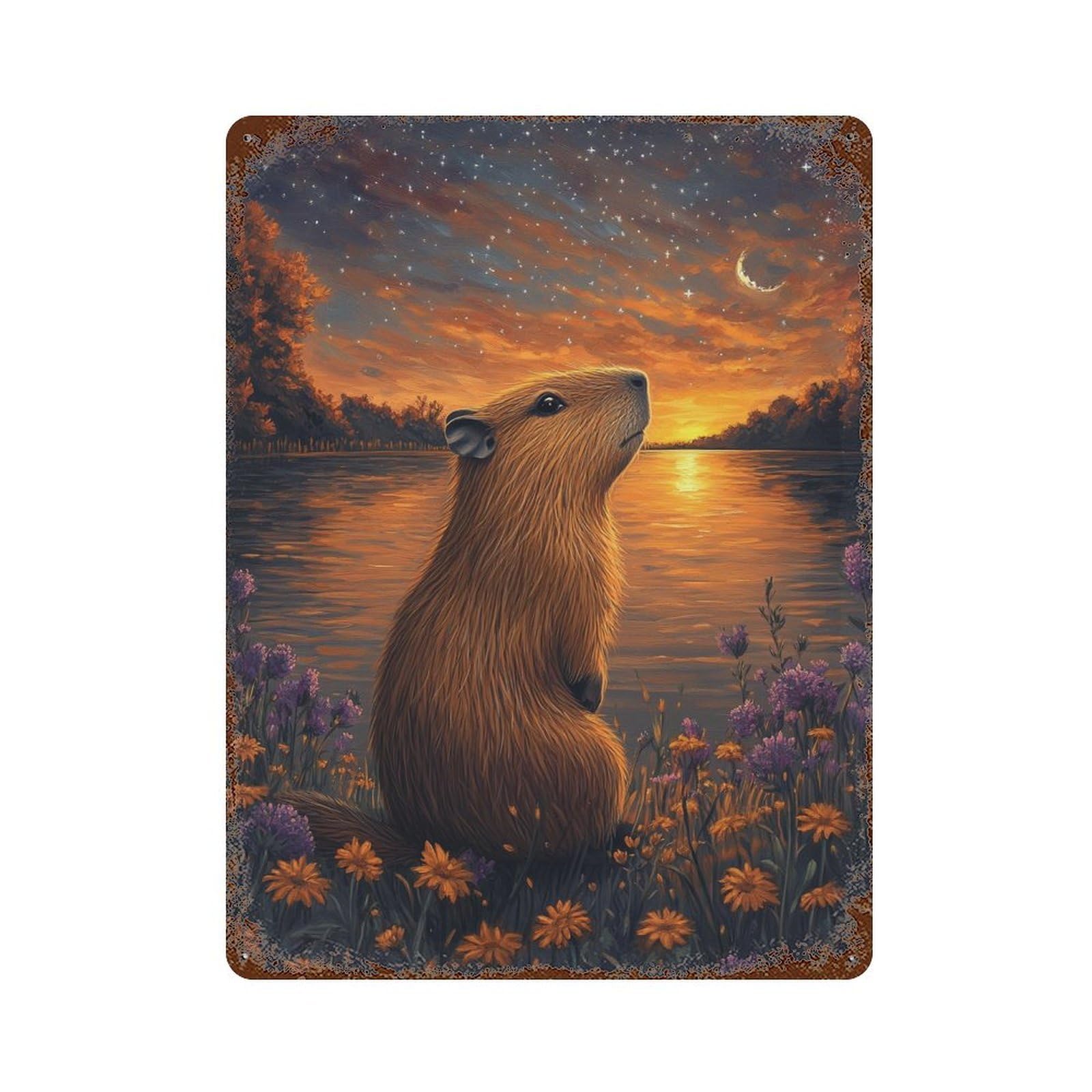 Capybara Sunset River 15.7"x11.8" Rust Effect Tin Sign, Industrial Home Decor for Living Room, Hallway And Home Decor