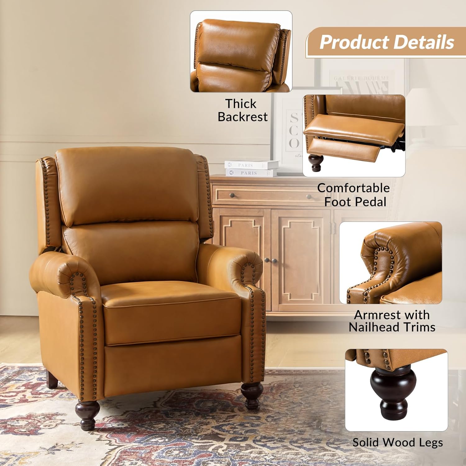 HULALA HOME Genuine Leather Wingback Recliner Chairs Set of 2 with Thick Cushioned Seat, Traditional Push Back Leather Recliner with Nailhead Trim, Camel