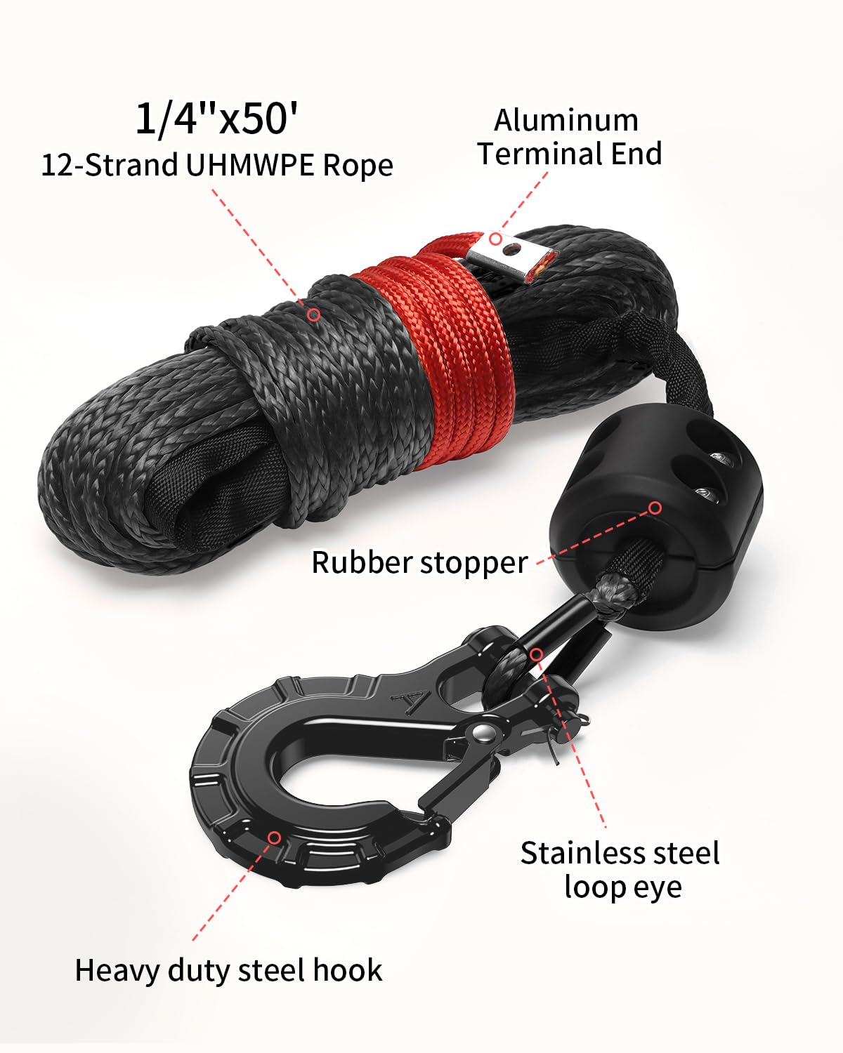 Kolvoii Syntetyczny zestaw linek do wciągarki, 1/4" x 15 m, 3855 kg kabel wciągarki ze stalowym haczykiem, tuleją ochronną i ogranicznikiem kabla wciągarki do ATV UTV pojazdów terenowych itp. (szara
