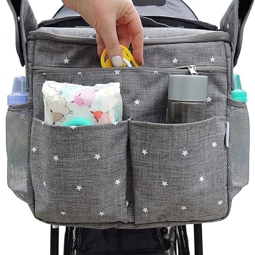 Praktisch & Gut - Kinderwagen Organizer und Buggy Organizer mit Getränkehalter XL Umhängetasche Wasserdicht Regenfest Universale Getränkehalter Kinderwagentaschen Multifunktionale Rucksack Grau Cover