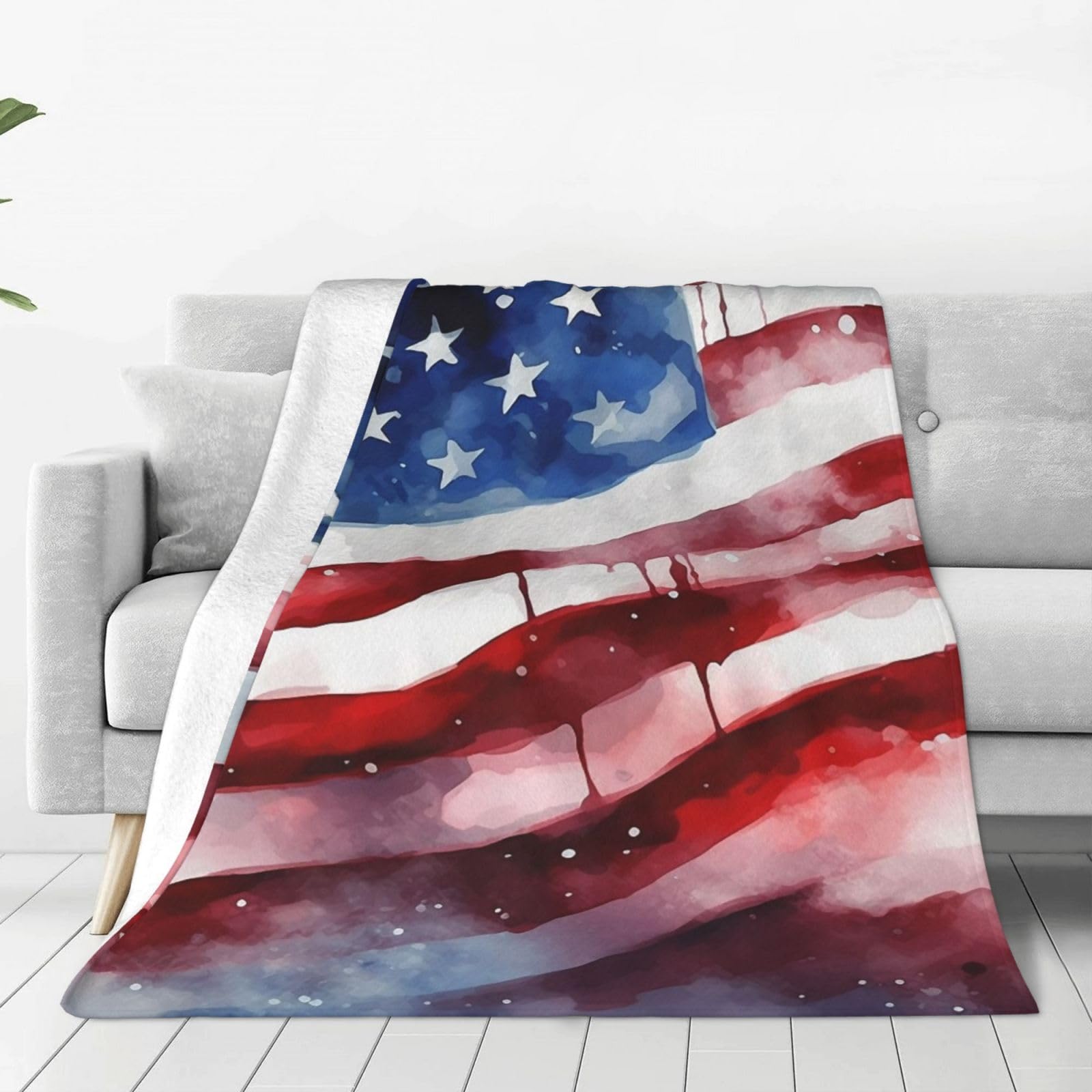 Watercolor American Flag Throw Blanket for Couch, Plush Fuzzy Soft Flannel Blankets and Throws for Sofa, 80"x60" Bed Blankets for Travel Camping Chair, All Season Warm Fleece Blanket