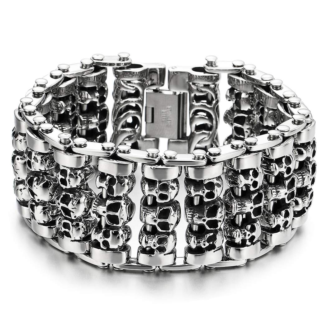 COOLSTEELANDBEYOND Grande Collegamento Chain Catena di Bicicletta Moto Motociclo con Cranio, Braccialetto, Acciaio Bracciale Uomo, Biker