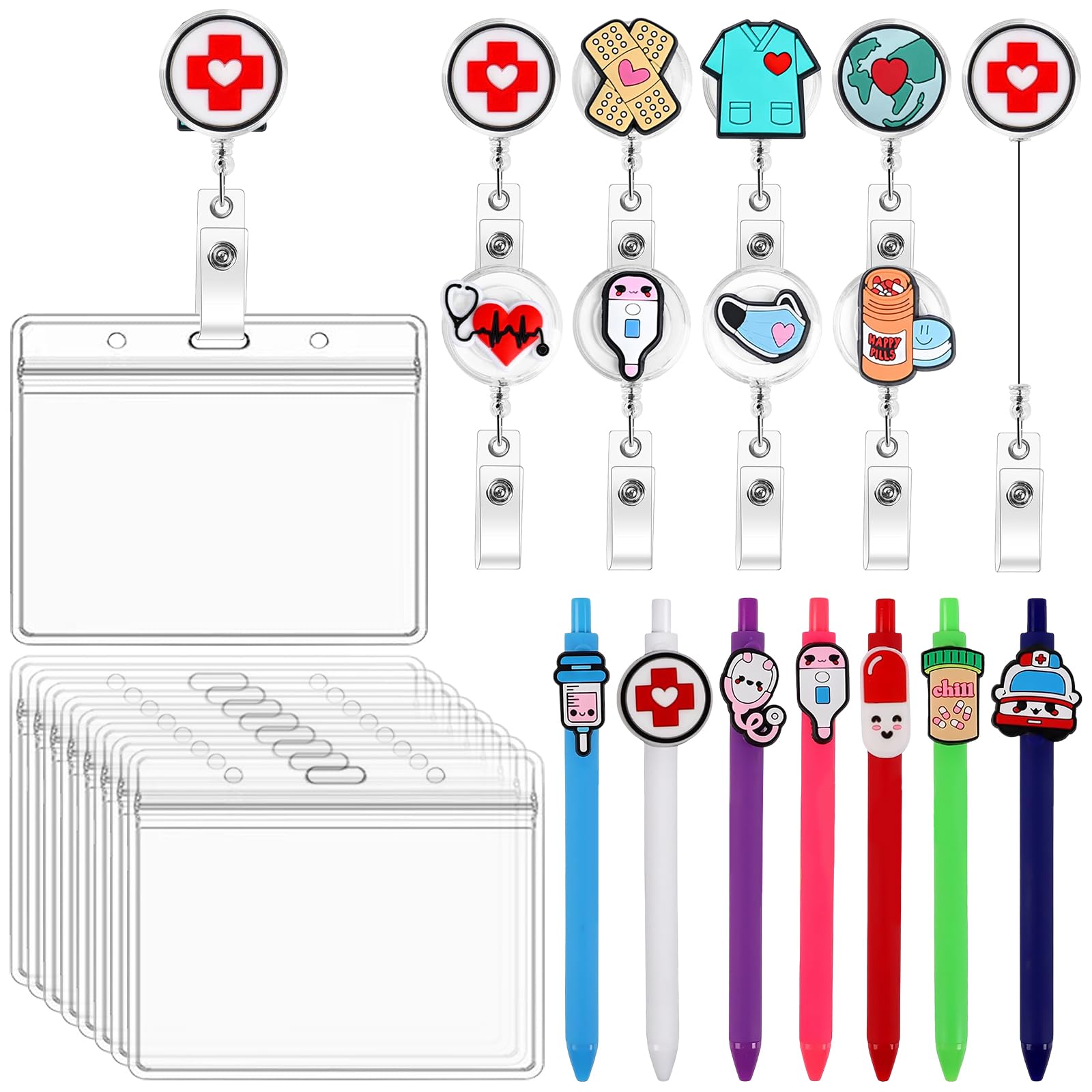 poraceous 24 Stück Kreative Krankenschwester Ausweishalter Ausziehbar | Kreative Ausweishalter Ausziehbar, 8 Krankenschwester Badge Halter, 8 Stifte und 8 Kartenhalter, Geschenk Krankenschwesters