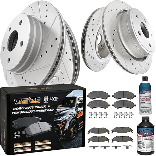 WEIZE Front +Rear Truck & Tow Brake Kit, Carbon Fiber Ceramic Brake Pads & Drilled/Slotted Brake Rotors, with Cleaner Fluid, Fit for Dodge Ram 1500 2006-2018, Durango Chrysler Aspen