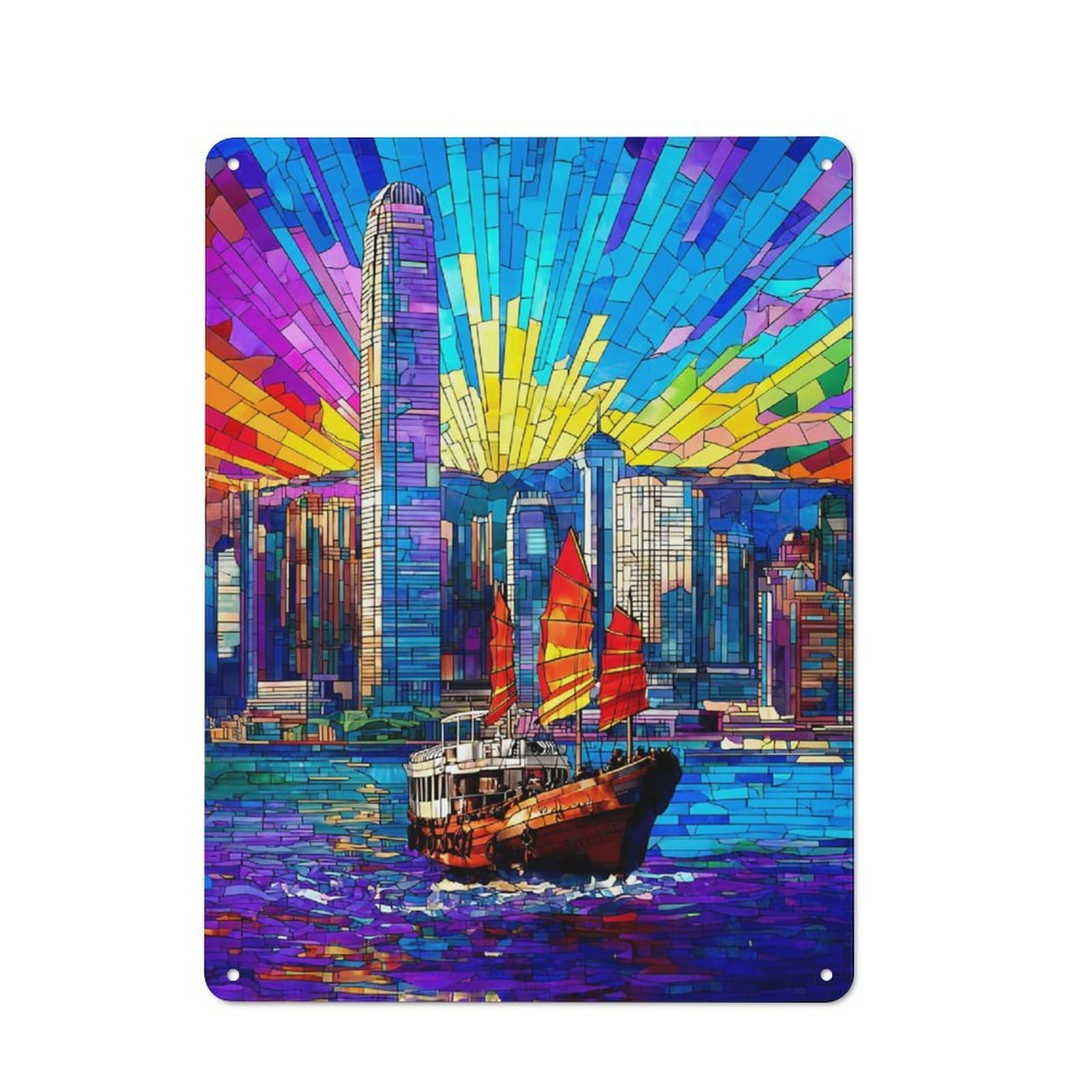 Junmoney Stained Glass Cityscape With Sailing Boat Tin Wall Plaque 40X30cm With For Home Bar Wall, For Hosts Who Enjoy Retro Interiors