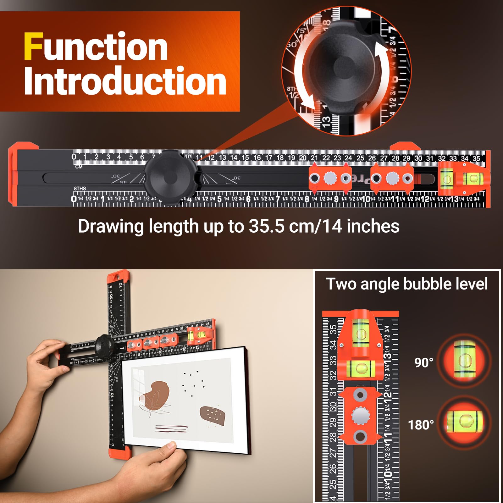 Preciva 4-in-1 T-Square Ruler & Drilling Jig, Adjustable 40cm/16" Cabinet Hardware Template Tool with Angle Guide - Image 4