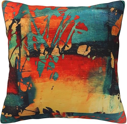 Fundas de almohada de arte abstracto de color verde y rojo colorido con pintura de óxido, fundas de cojín modernas, fundas de almohada cuadradas