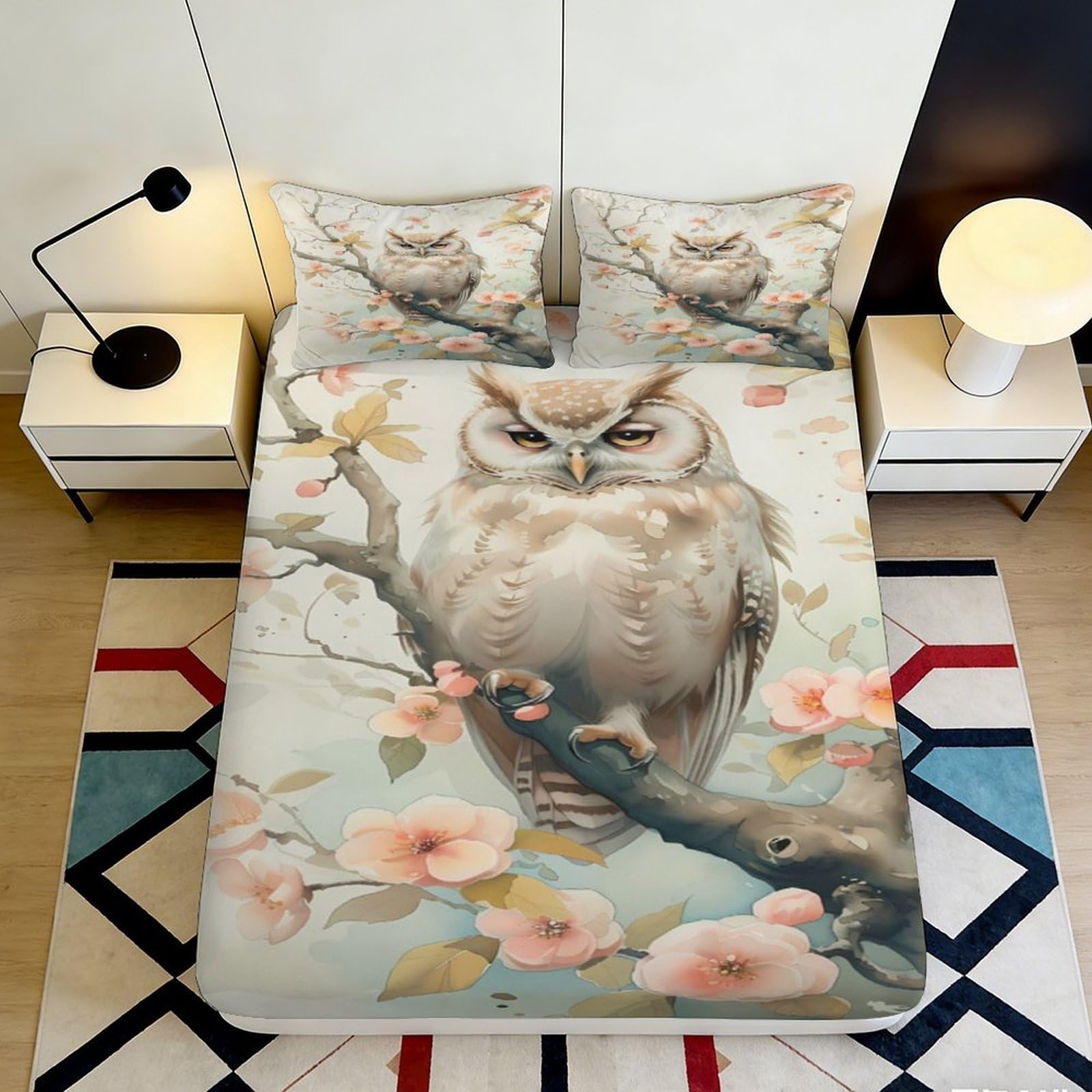Jqzkxnhpbr Style-9 3D Printed Floral Owl Fitted Sheet Microfiber Soft Breathable Bird Branch Bed Cover For Bedroom Guest Room Dorm Decor 90X200x25cm