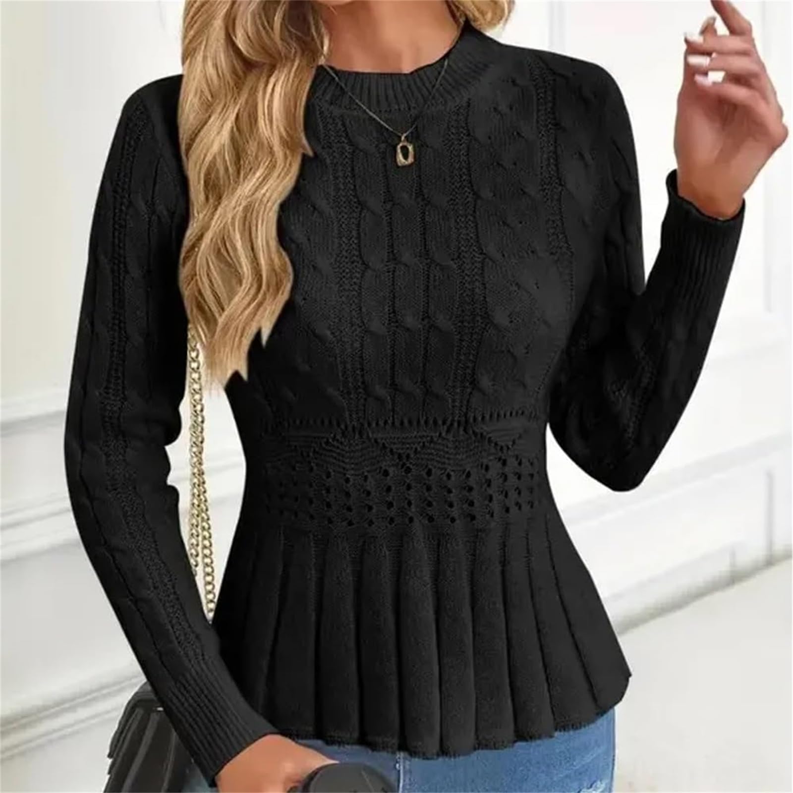 Maglione da donna girocollo a maniche lunghe in maglia grossa, maglione lavorato a maglia unica casual a trecce, maglione autunno inverno