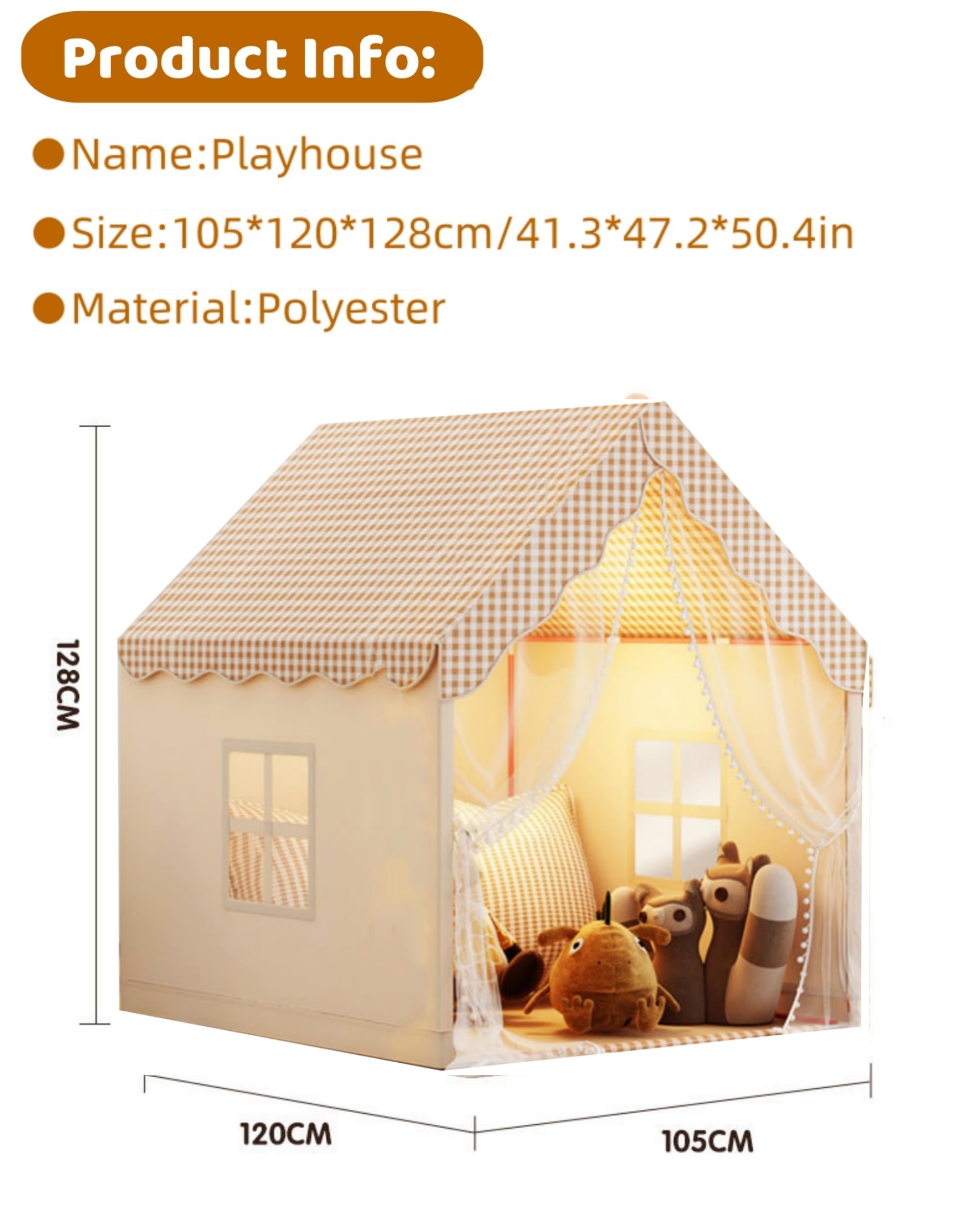 Benebomo Tent, Indoor Playhouse with Gingham Pattern, Beige and Brown, Windows and Curtains,Play Tent, Khaki - Image 3
