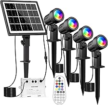 MEIKEE Solar Strahler RGB+Weiß Gartenbeleuchtung Solar 10 Farben 30 Zyklusmodi 2 Helligkeit Timer Solarleuchte Dusk to Dawn IP66 Wasserdicht Gartenleuchten für Außen Garten Baum Teich Rasen 4 Stück
