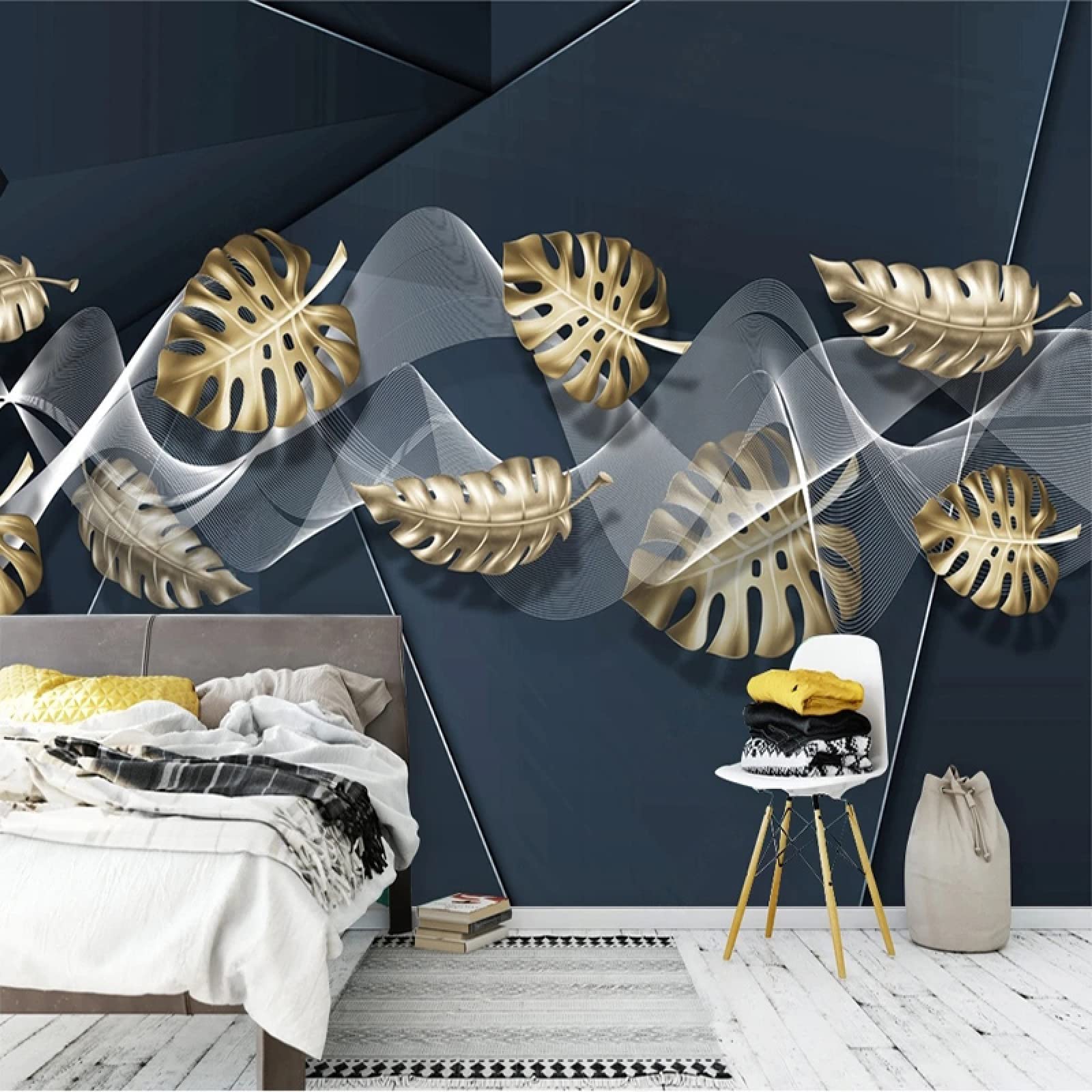 Papier peint 3D feuilles d’or lignes abstraites peinture murale salon