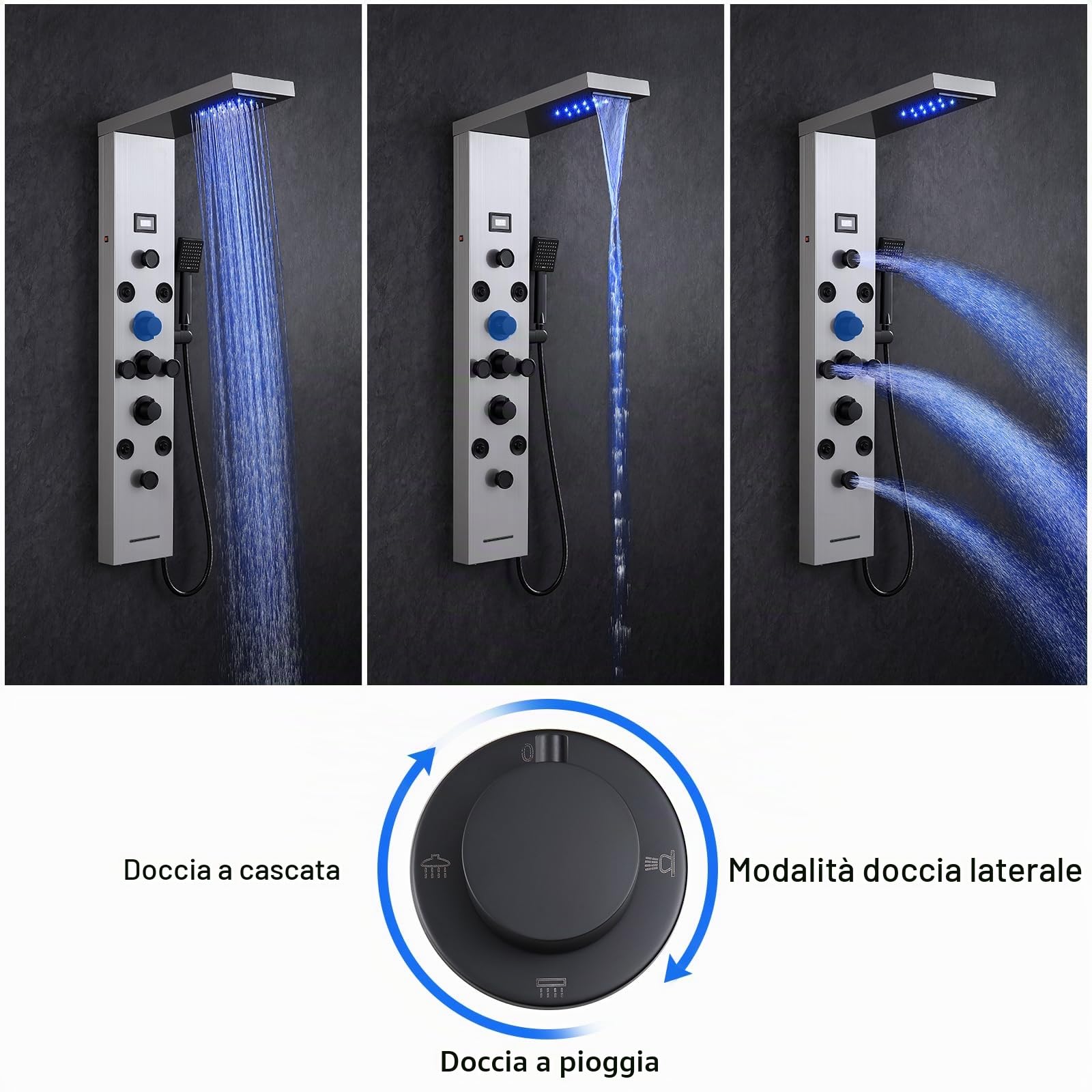 6 in 1 Pannello doccia LED, set doccia con pannello in acciaio inox 304 con display LCD temperatura, cascata e doccia a pioggia, 8 ugelli massaggianti, doccetta e ingresso vasca da bagno