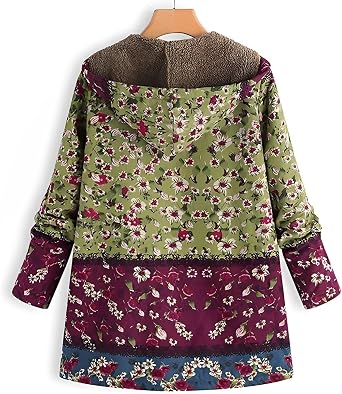 Akivide Women's Winter Ethnic Style Patchwork Sherpa Fleece Lined Hooded Jacket Plus Size Fluffy Warm Outwear with Pockets