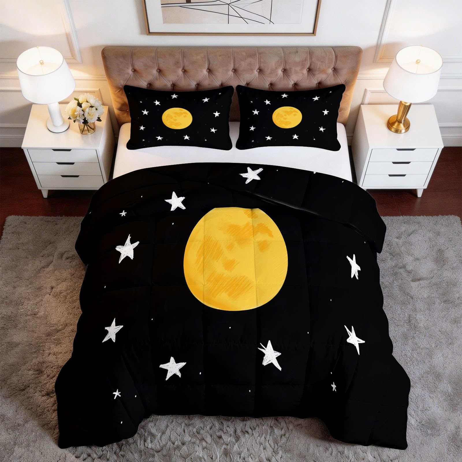 Negro Edredón Nórdico Libros Ilustrados Infantiles Luna Estrellas Trapunta con Acolchado en Diamante, Microfibra Premium, Suave y Transpirable – Todo en Uno, Set de Ropa de Cama 180 x 220 cm 3 Piezas