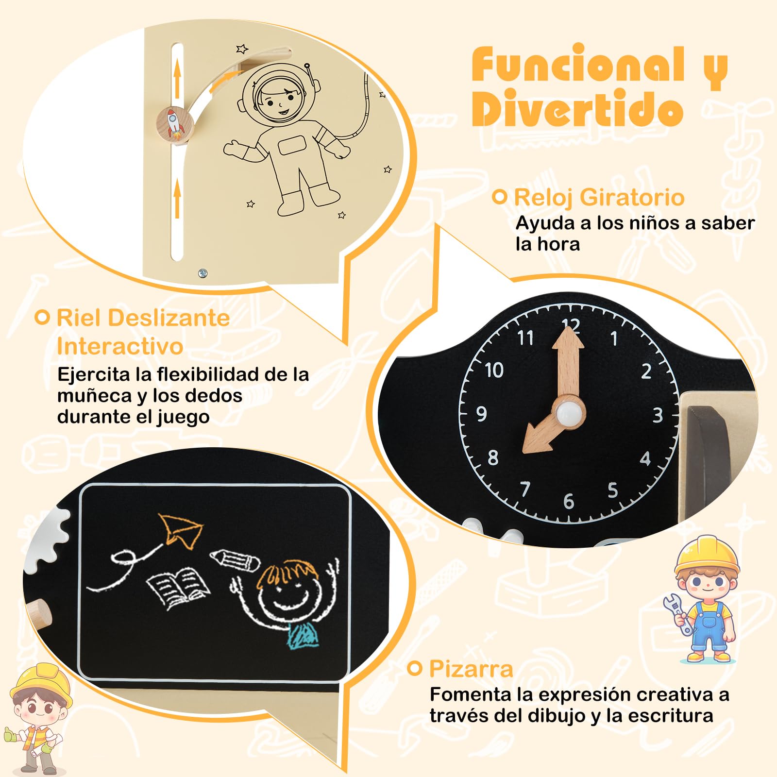 GOPLUS Banco de Herramientas de Madera para Niños, Taller de Bricolaje con Herramientas, Reloj Interactivo, Pizarra, Almacenamiento Amplio, Juego de Imitación para Niños y Niñas de 3+ Años