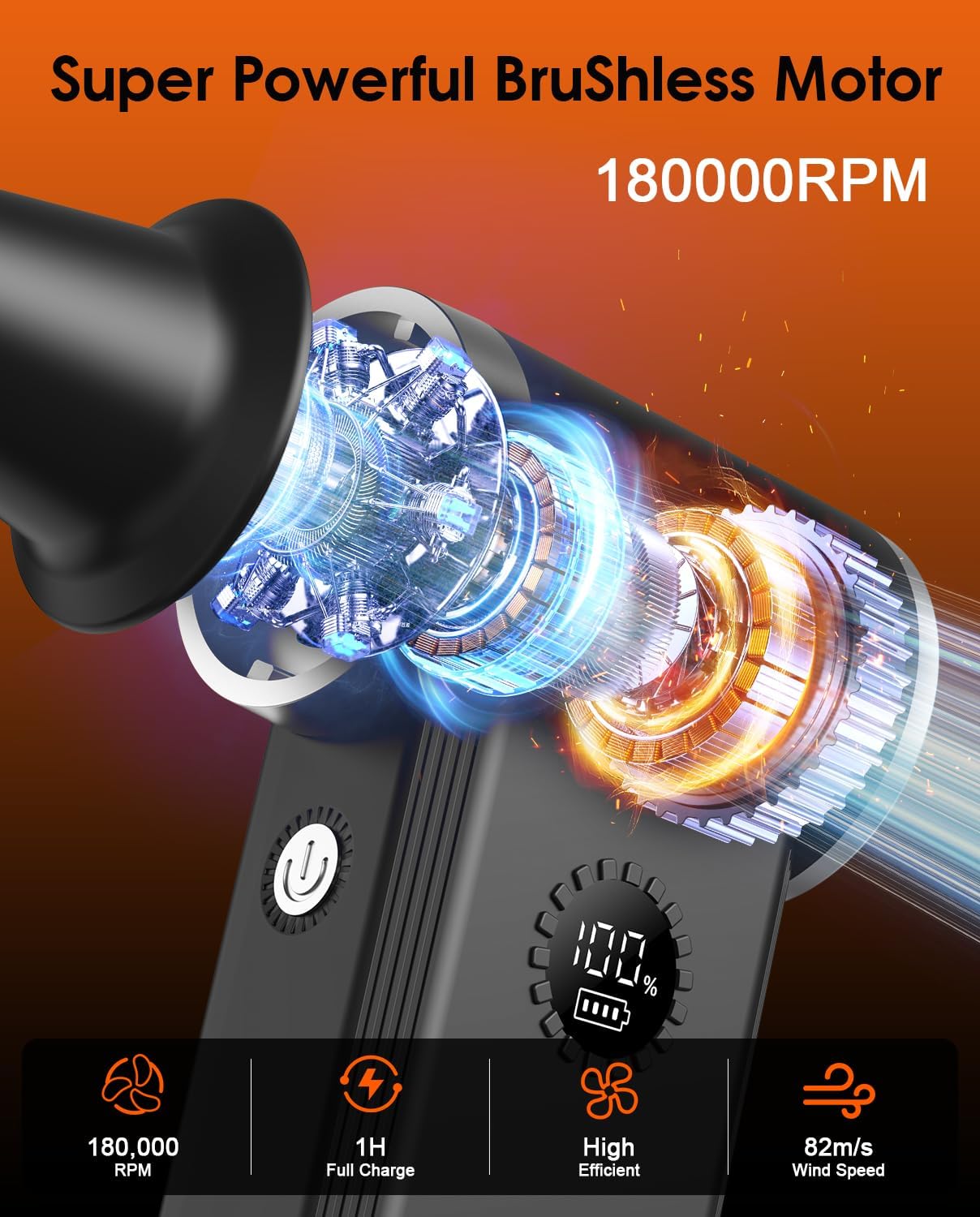 Super Power Cordless Electric Air Duster - 180,000 RPM Brushless, 4-Gear Adjustable, Fastest Charging Air Blower for PC, Laptop, Keyboard, Car, Home & Outdoor, Replaces Canned Air