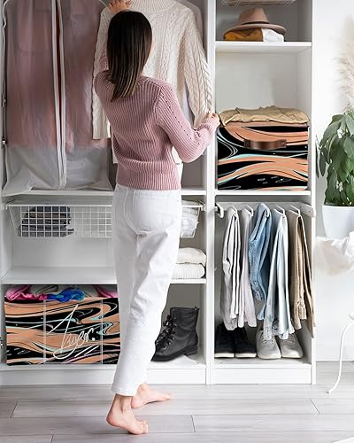 Miniatura 6 de Cesta de almacenamiento de moire naranja y verde azulado para organizar estantes, cajas de almacenamiento plegables con asa, arte abstracto moderno