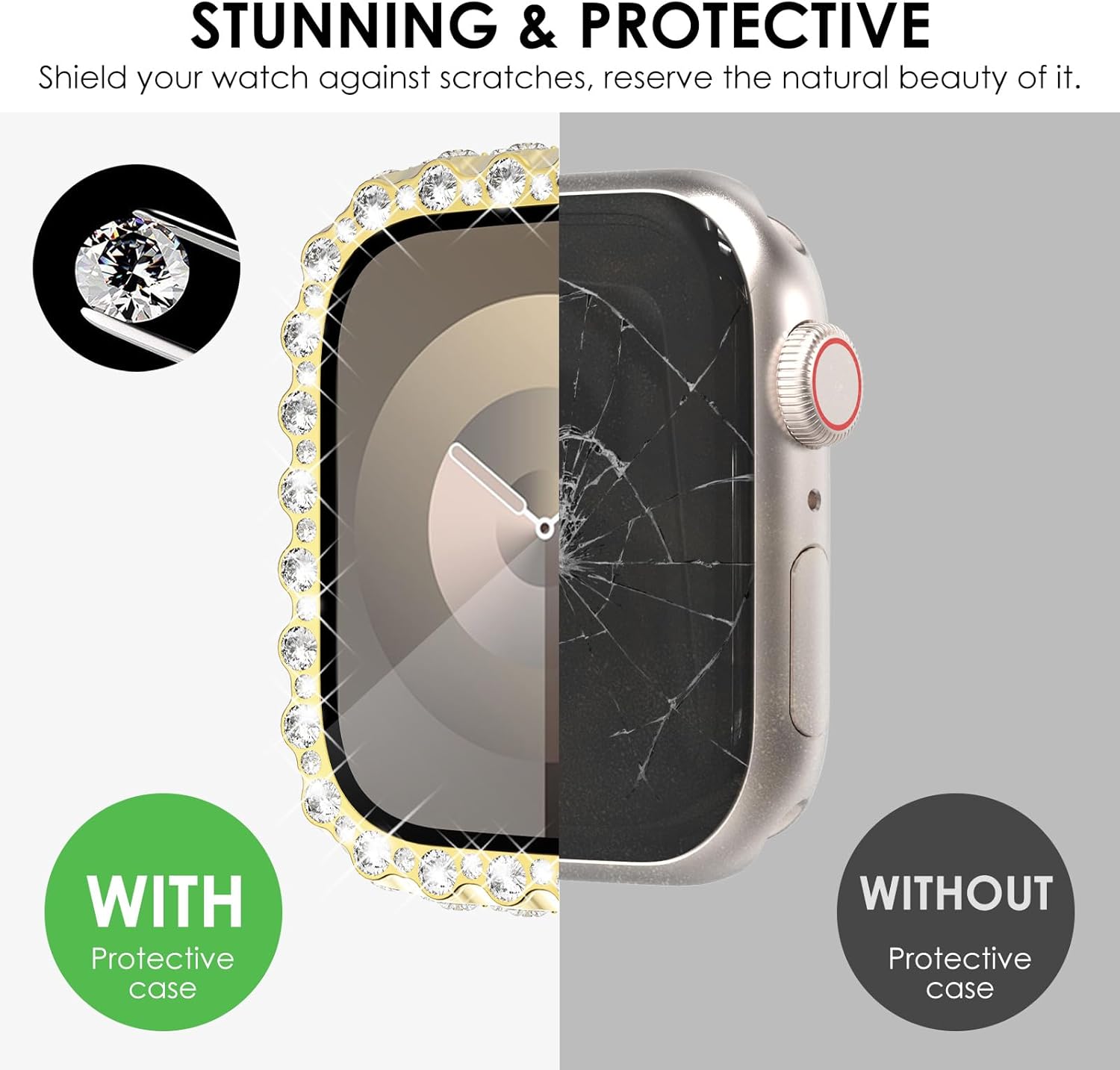 NewWays 2 in 1 Waterproof Bling Case 44mm for Apple Watch Screen Protector SE Series 6 5 4, Lace Full Glitter Diamond Rhinestone Bumper Face Cover for iWatch Women 44 mm, Gold - Image 4