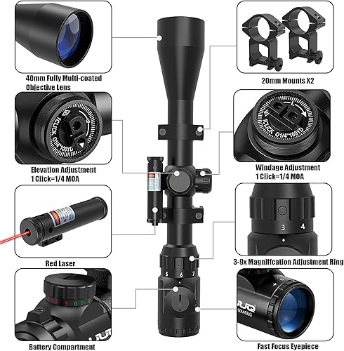 Miniatura 6 de UUQ Alcance de rifle de 3-9 × 40 con láser de pistola, iluminación rojaverde y retícula de telémetro, para caza, airsoft y pistolas de pellets,