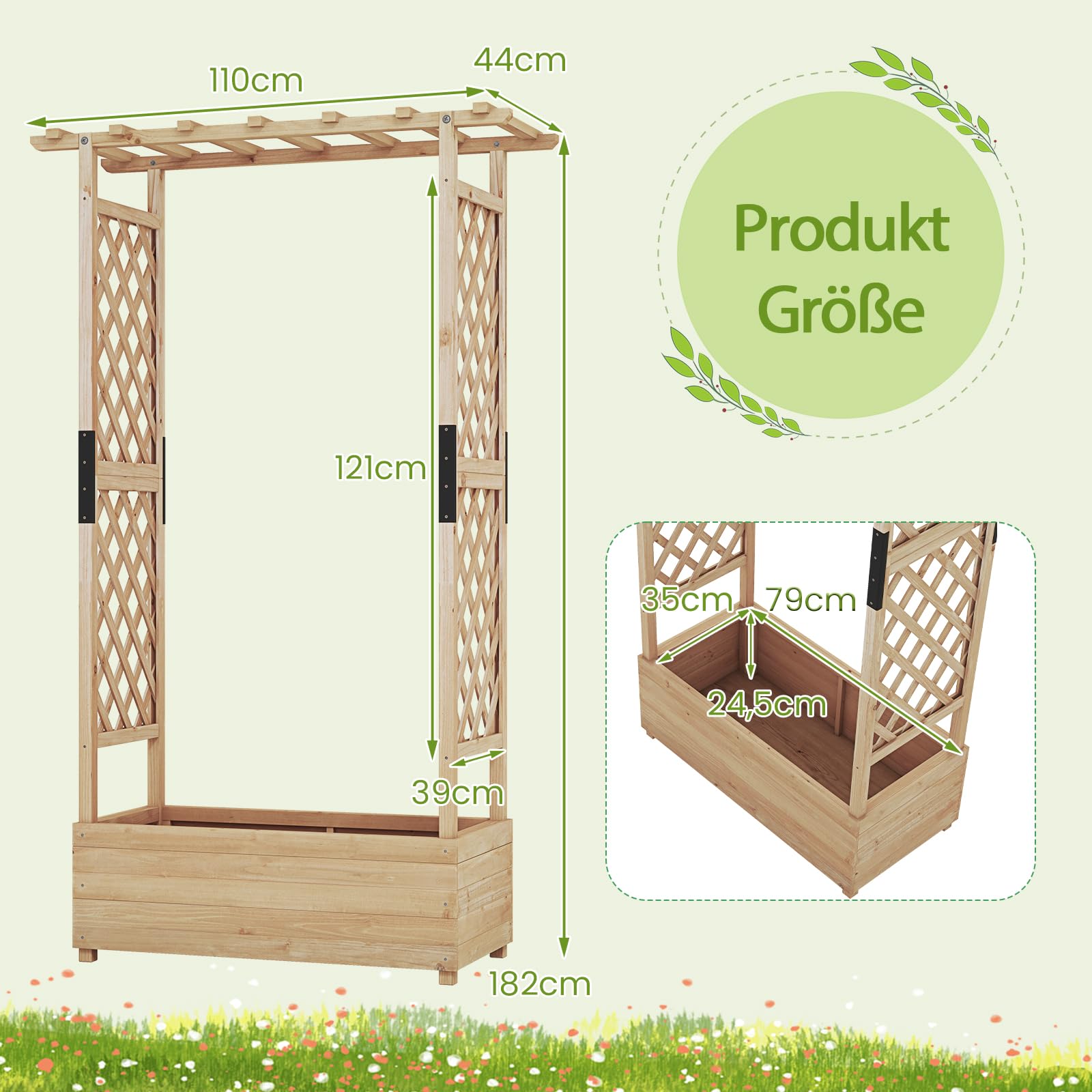 Outsunny plantenbak met latwerk bloembak latwerk rozenboog met klimhulp voor klimplanten tuinhout naturel 64 x 28 x 120 cm