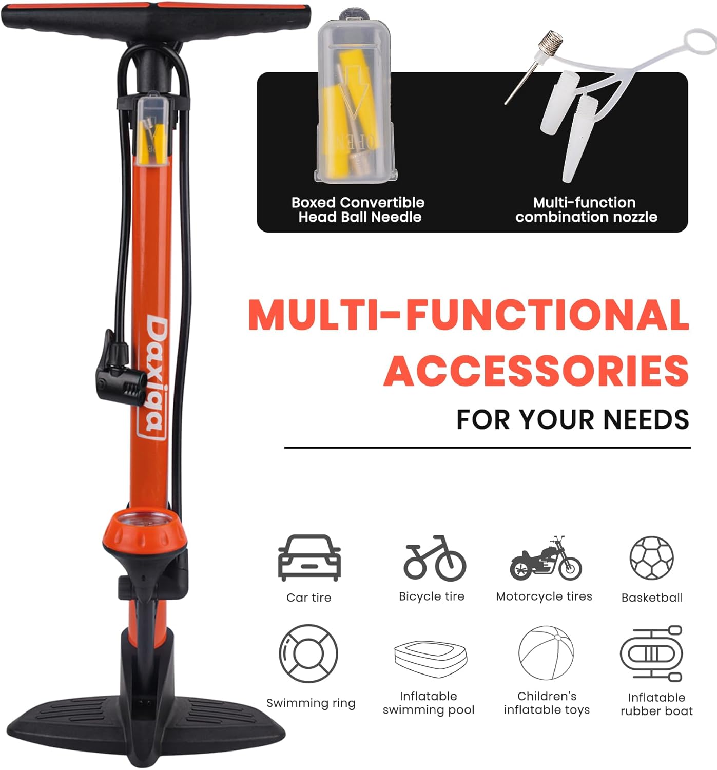 Daxiga Bike Floor Pump with Gauge, 160 PSI High Pressure, Presta & Schrader Compatible Bicycle Pump for Road Bike, MTB & Sports Balls