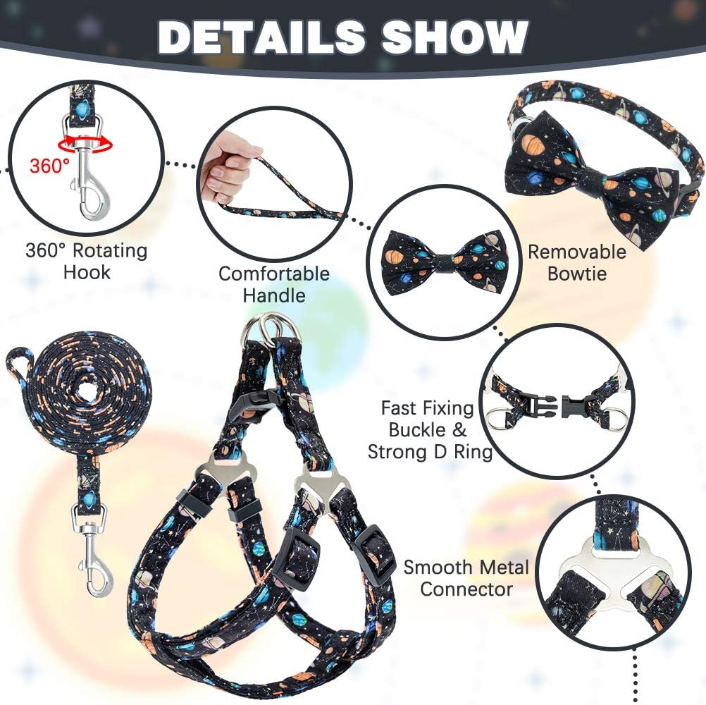 PUPTECK Dog Harness and Leash Collar Set - Adjustable and Soft No Pull Dog Harness, Bowtie Dog Collar for Small Puppy Dogs, Step in Puppy Halter Vest Harness with Galaxy Planet Pattern : Pet Supplies