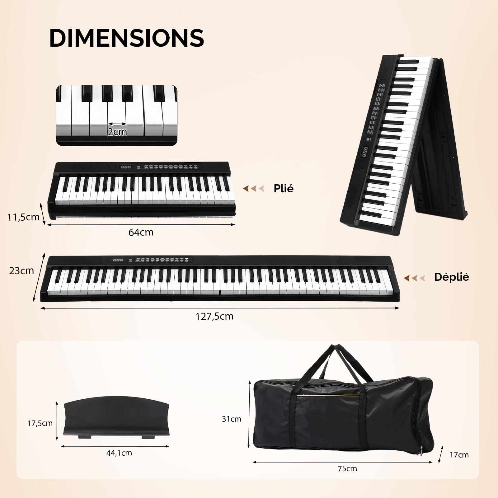 Bonnlo Piano Numérique Pliable GPPS01-106 à 88 touches, Clavier Semi-Lesté Standard, avec MIDI, Bluetooth, Sac à Main et Casque Audio Inclus, Noir