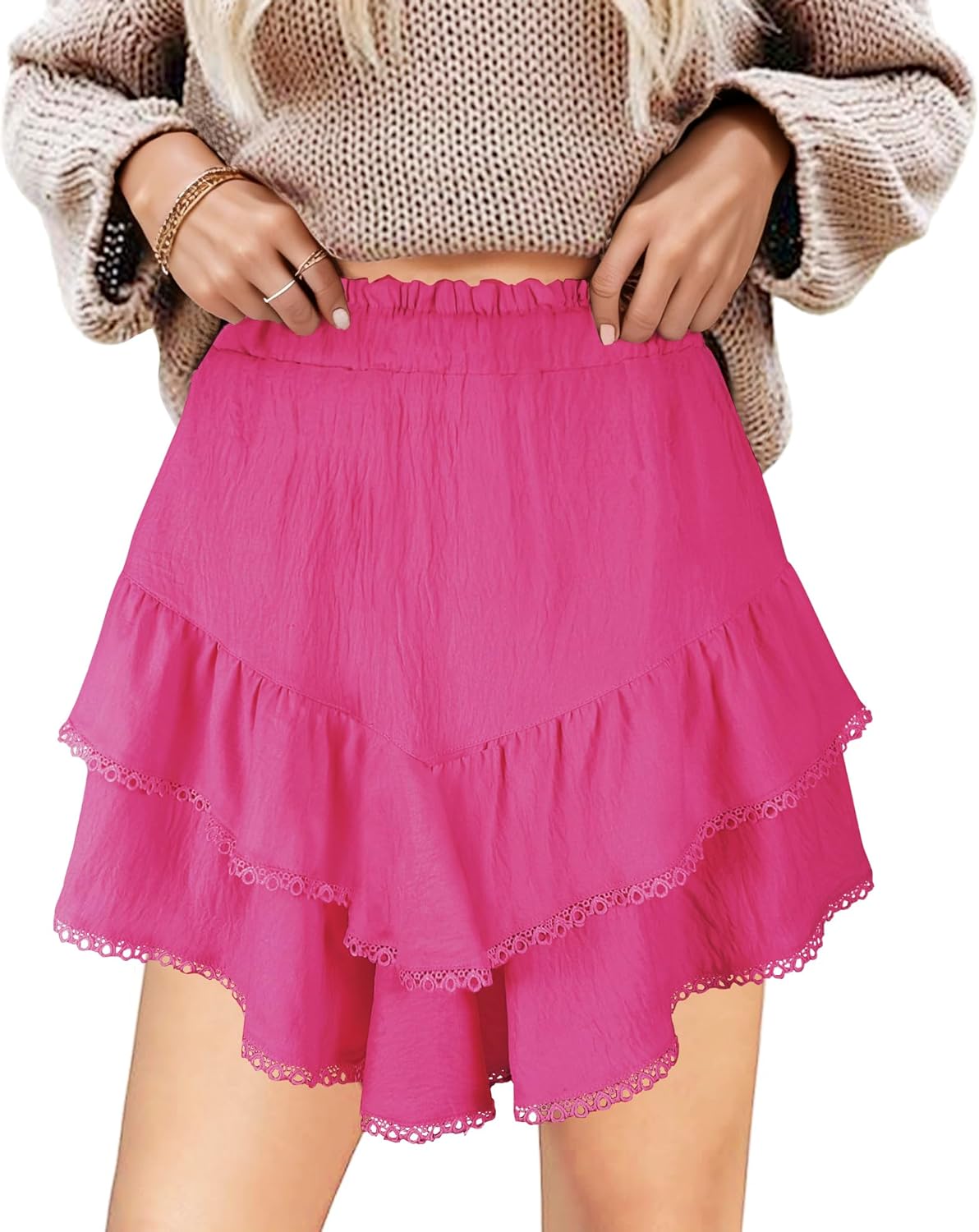 GOOBGS Flowy Shorts for Women High Waisted Lace Skort Trim Trendy Crochet Skirt Tennis Short