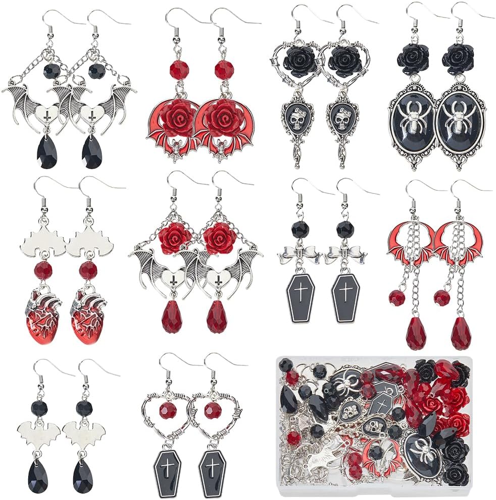 SUNNYCLUE 1 Box 10 Pairs Halloween Earrings Kits Coffin Charms Bulk Spider Bat Charm Black Red Gothic Skeletons Skull Charm Glass Beads for Jewelry Making Kits DIY Dangle Earrings Gift Supplies