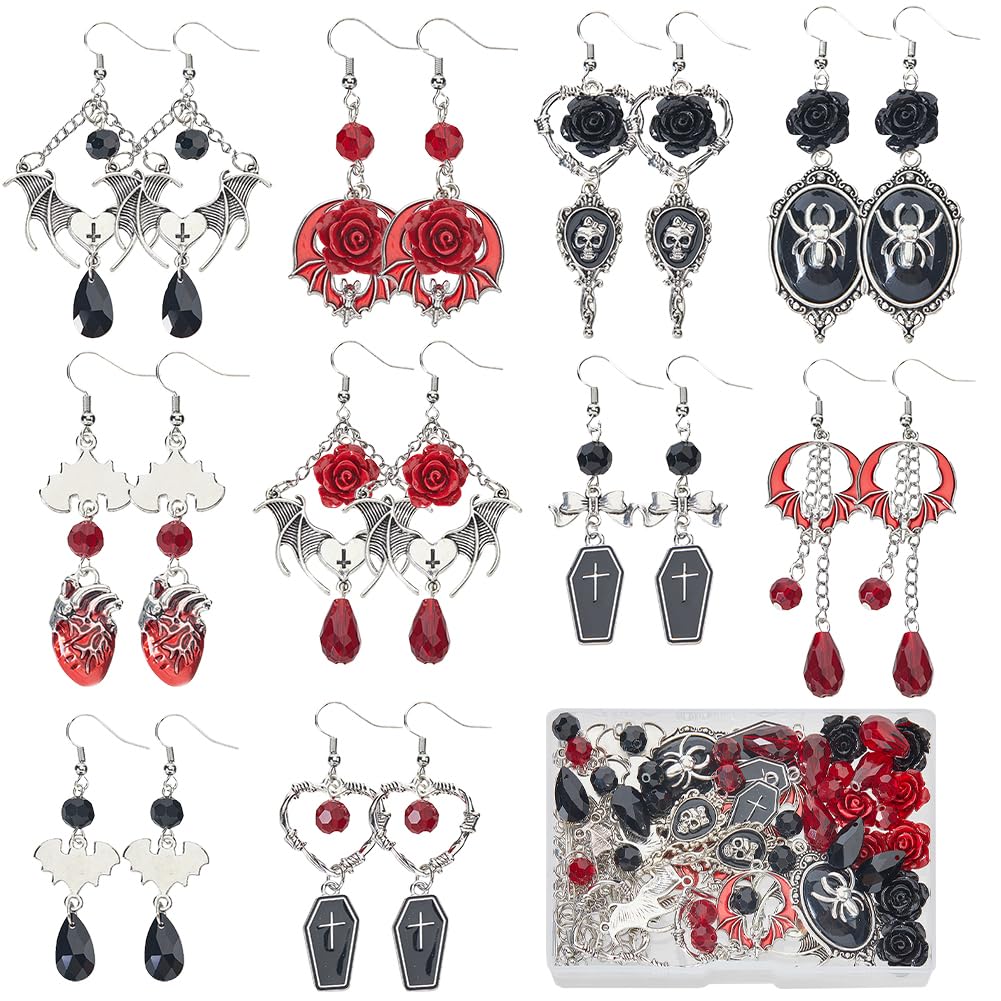 SUNNYCLUE 1 Box 10 works Halloween Earrings Kits Coffin Charms Bulk Spider Bat Charm Black Red Gothic Skeletons Skull Charm Glass Beads for jewellery Making Kits DIY Dangle Earrings Gift Supplies
