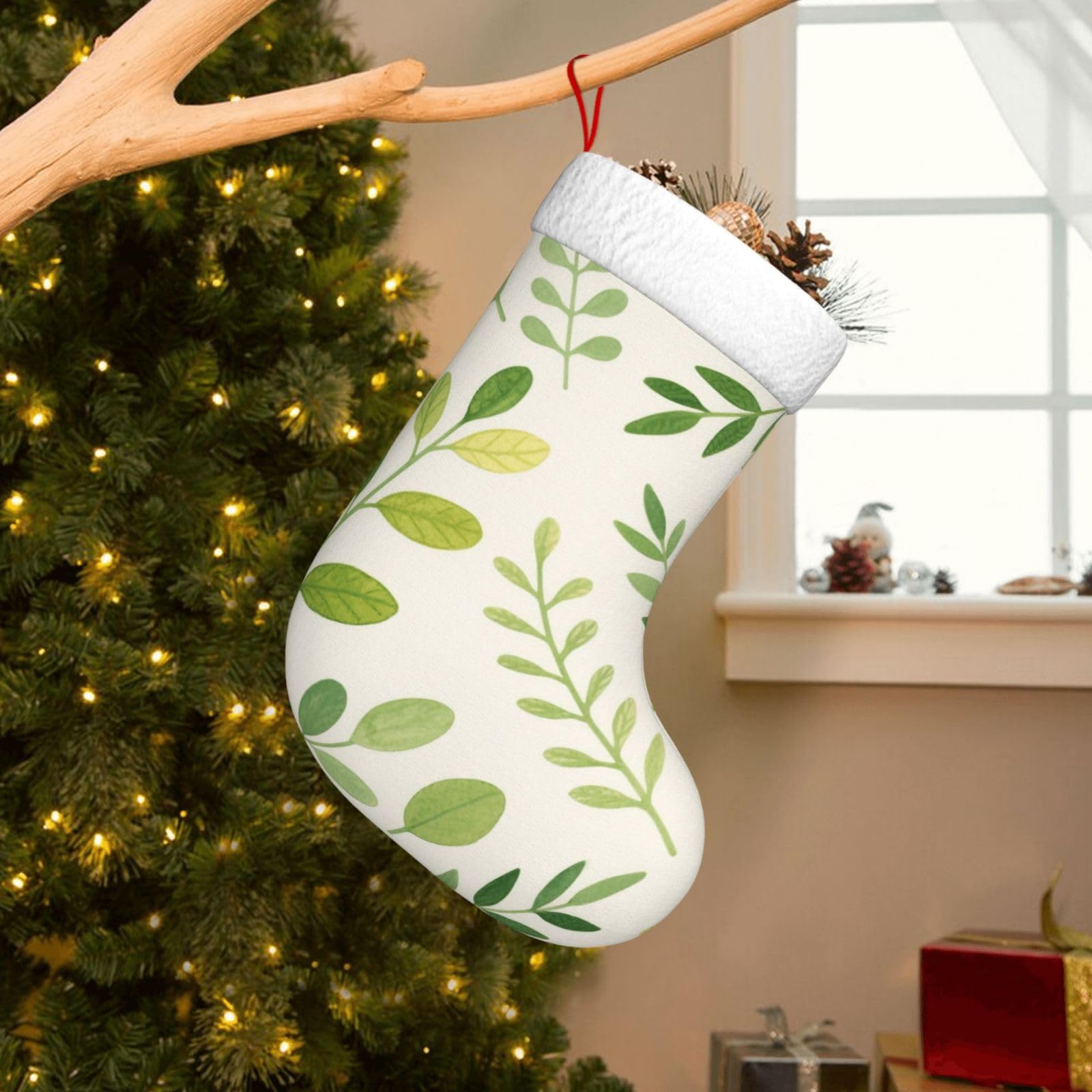 Velvet Christmas Stockings 17.7 Inch, Greenery Leaves Pattern Xmas Stocking with Soft Cuff,Classic Personalized Christmas Tree Decoration for Family Holiday New Year Party Supplies