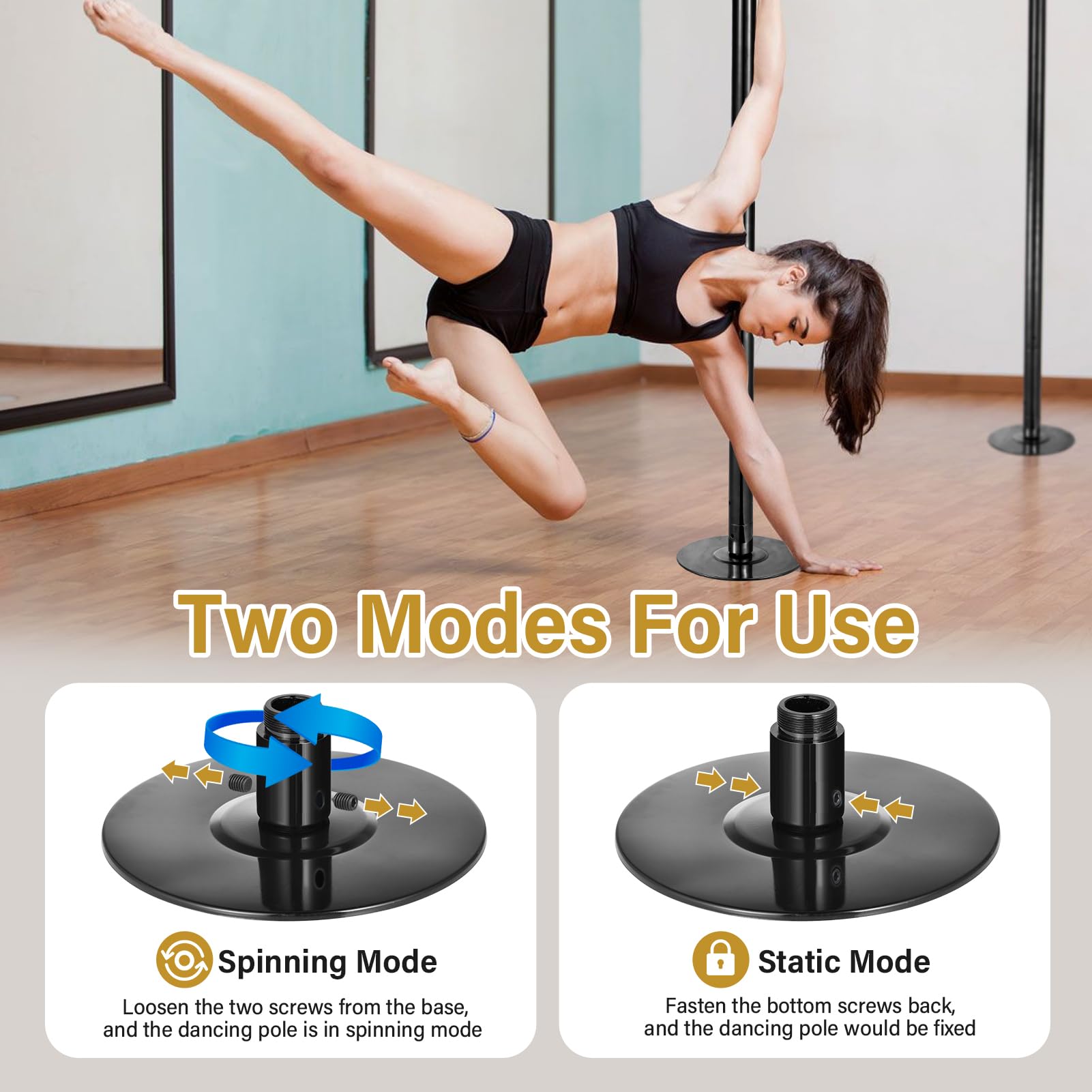 Genérico Barra de Pole Dance, 45 mm de diámetro, Altura Ajustable de 216 a 279 cm, portátil y Desmontable con función estática y-giratoria, Capacidad de Carga de 150 kg, Dorada — view 4