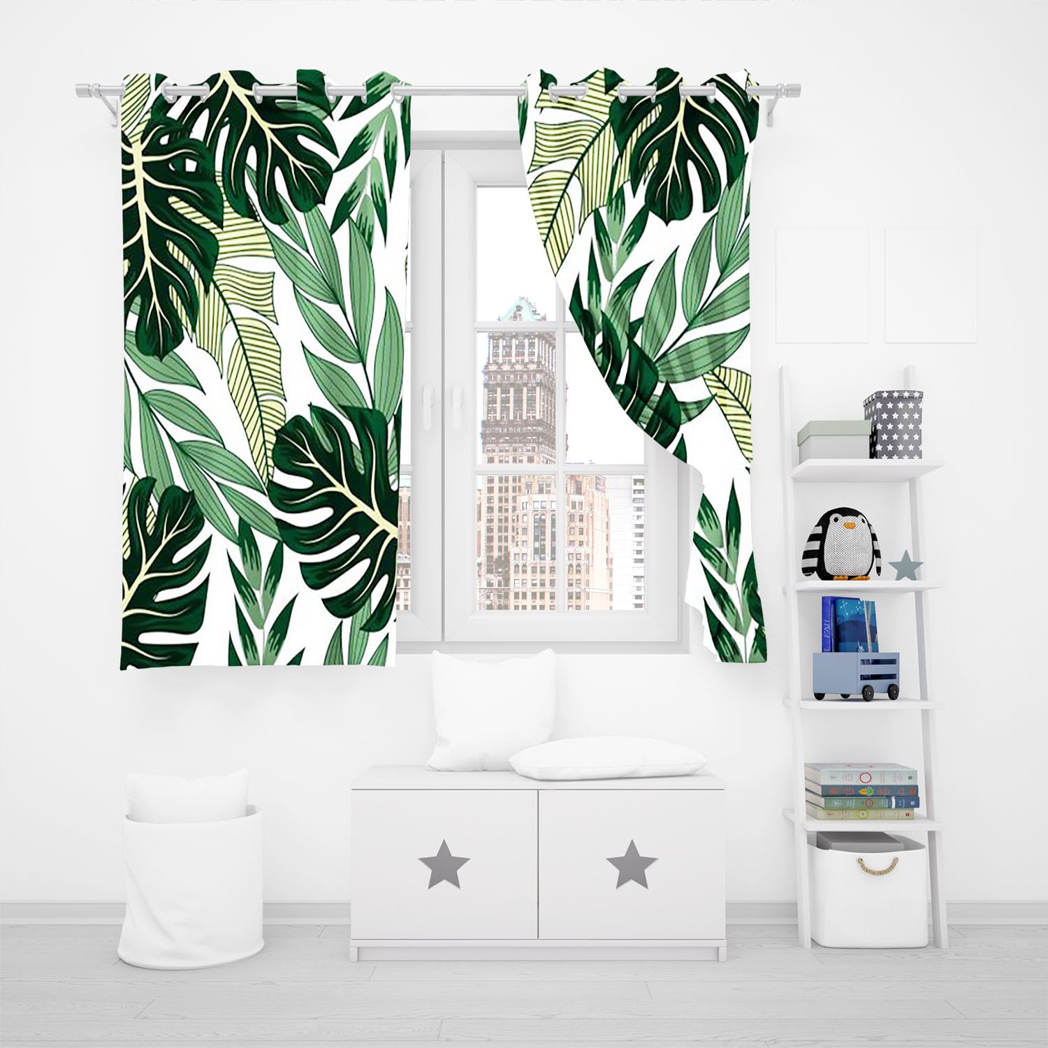 KARPIX Opaque Tropical Plants Palm Leaves Monstera Blackout Curtain Natural Theme Window Curtain with Eyelets for Children's Room (3.150 x 166 cm (2 x 75 x 166 cm)) - Image 4