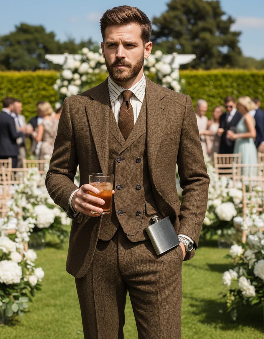 Vintage Men's Suits Regular Fit 3 Piece Tweed Herringbone Double Breasted Tuxedos Blazer+Vest+Pants Wedding