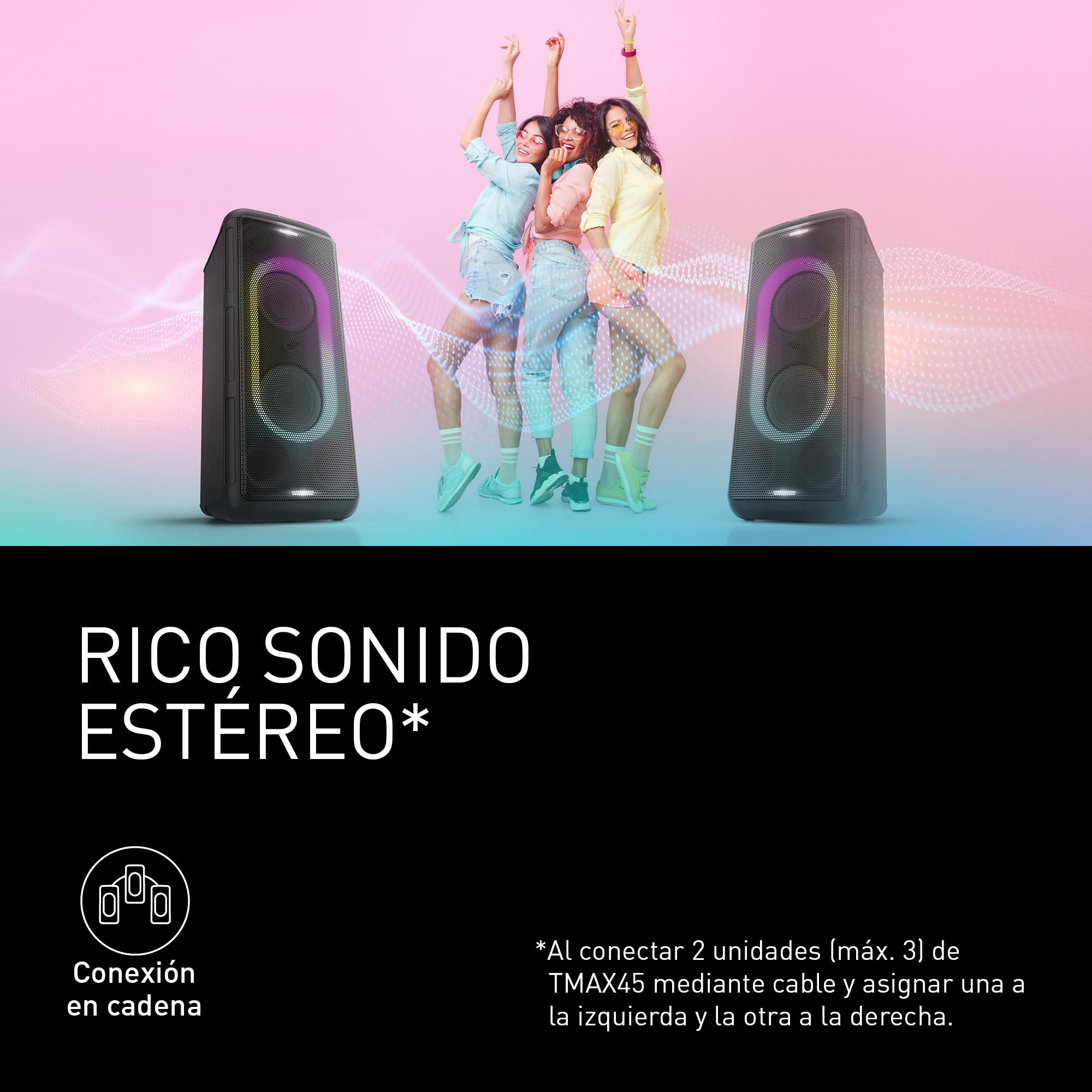 Panasonic SC-BMAX5E-K Altavoz Portátil para Fiestas con Bluetooth, Luces Integradas, 75 W, USB, Entrada Óptica para TV, Entradas de Guitarra y Micrófono para Karaoke, Negro