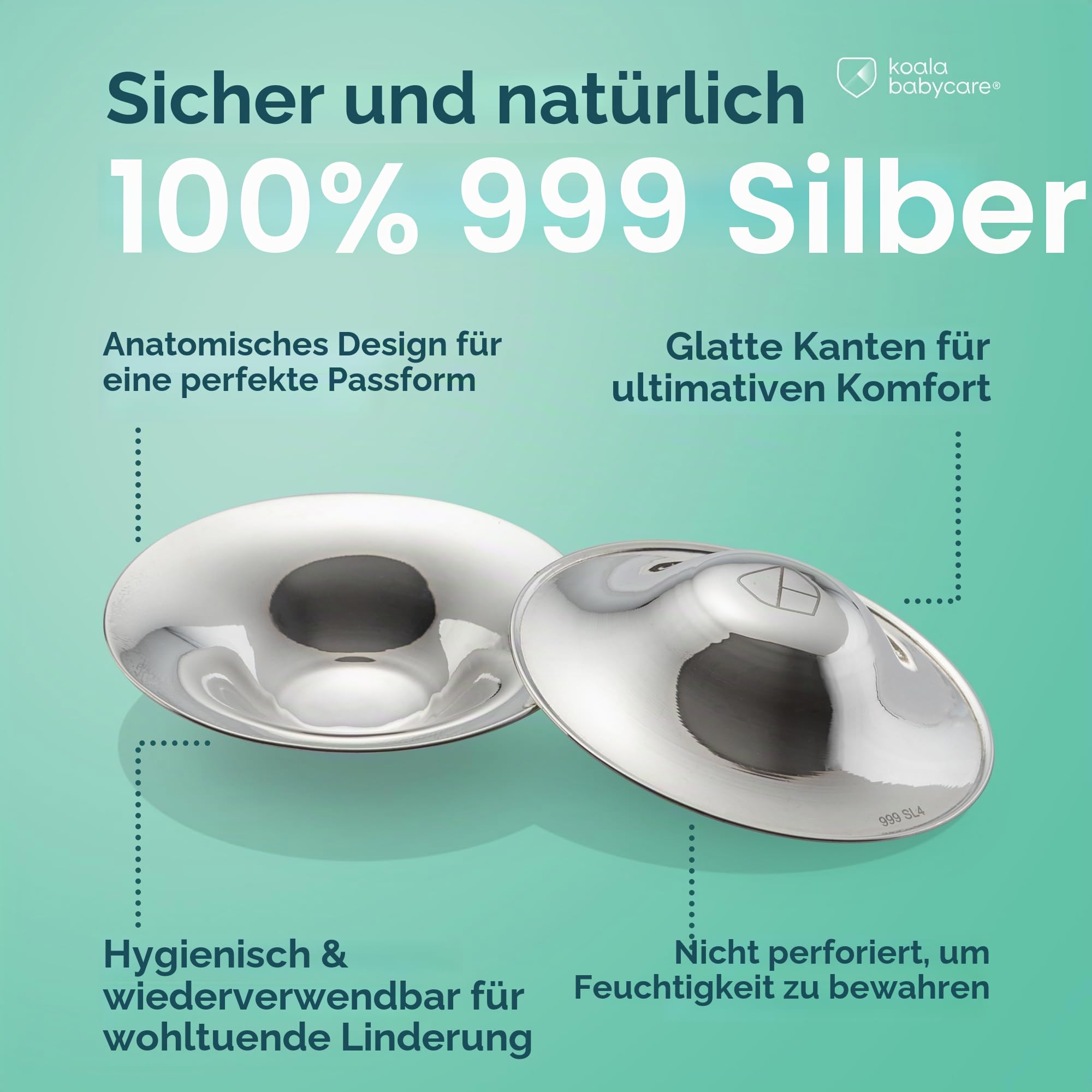 Koala Babycare Silberhütchen - 2 Stück - Standardgröße Silber Brustwarzenhütchen für verbesserten Komfort - Brustwarzen Schutz für empfindliche und schmerzende Brustwarzen