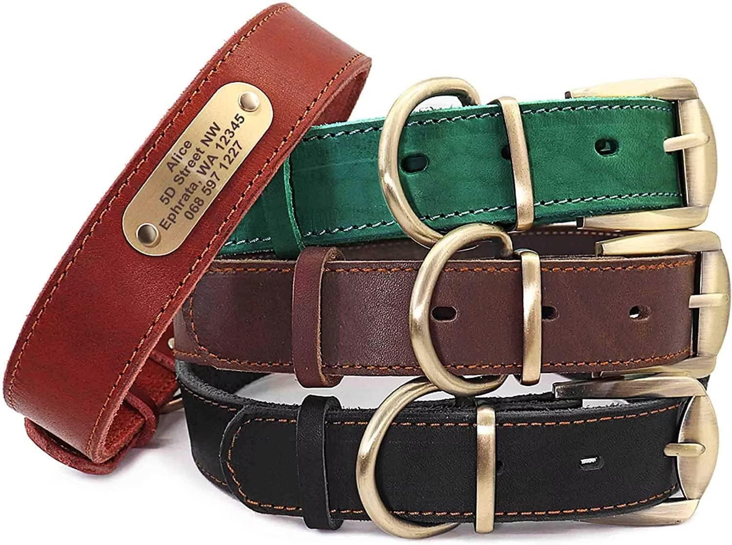 Didog Genuine Leather Dog Collars with Engraved Nameplate, Personalized Soft Leather Dog Collar with Custom ID Tag, Brown/Green/Red for Medium Large Dogs (XL,Black)