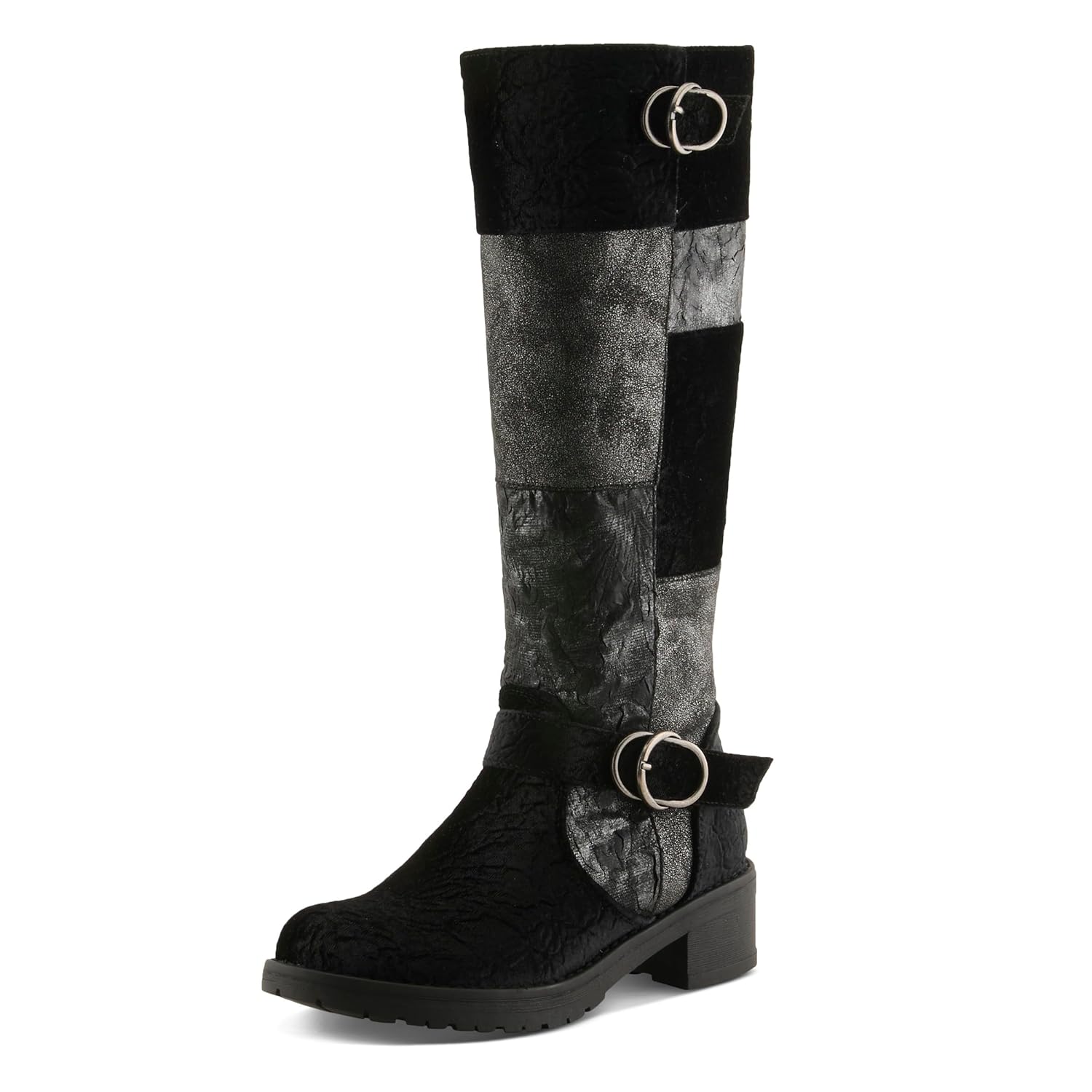PATRIZIA COLLAGE-VIV Womens Tall Boot Velvet Mixed Textile Patchwork Knee-High Boot with Buckle Accents Low Stacked Heel