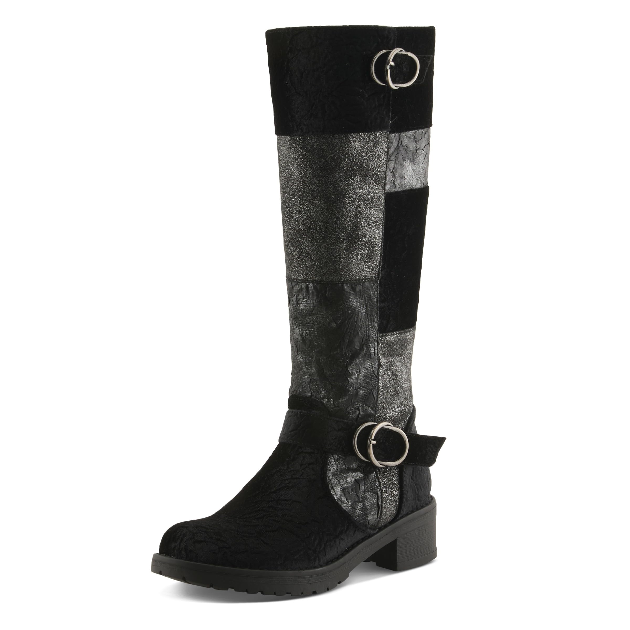 PATRIZIA COLLAGE-VIV Womens Tall Boot Velvet Mixed Textile Patchwork Knee-High Boot with Buckle Accents Low Stacked Heel