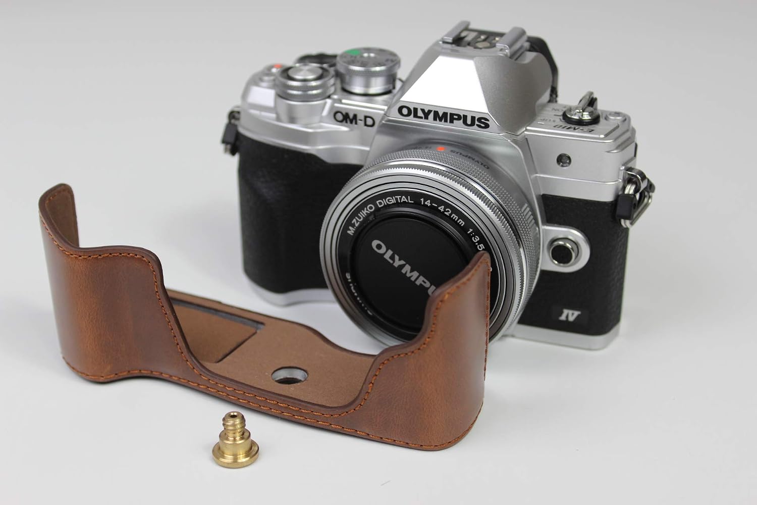 E-M10 Mark IV Case, BolinUS Handmade PU Leather Half Camera Case Bag Cover Bottom Opening Version for Olympus OM-D E-M10 Mark IV with Hand Strap (Coffee)