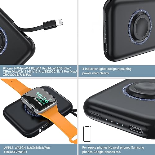 Miniatura 4 de HUOTO Cargador portátil cargador magnético mini iWatch de 5000 mAh con cable de carga integrado cargador de viaje batería externa compatible con