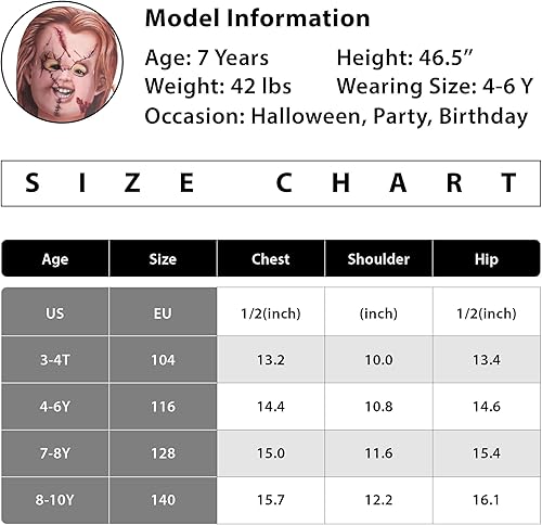 Miniatura 7 de Disfraz de Chucky para niños, traje de máscara espeluznante para niños y niñas, fiesta de juegos de rol, de 3 a 10 años