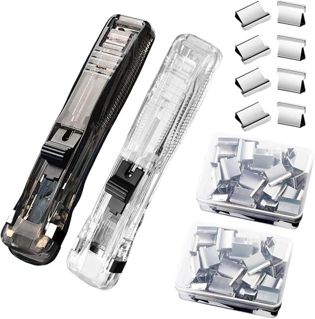 2 Pcs Handheld Reusable Creative Stapler Push Stapler Clips Paper Clamp Dispenser 40 Sheet Capacity with 100 Stainless Steel Refill Binder Clips for Office Document School Supplies