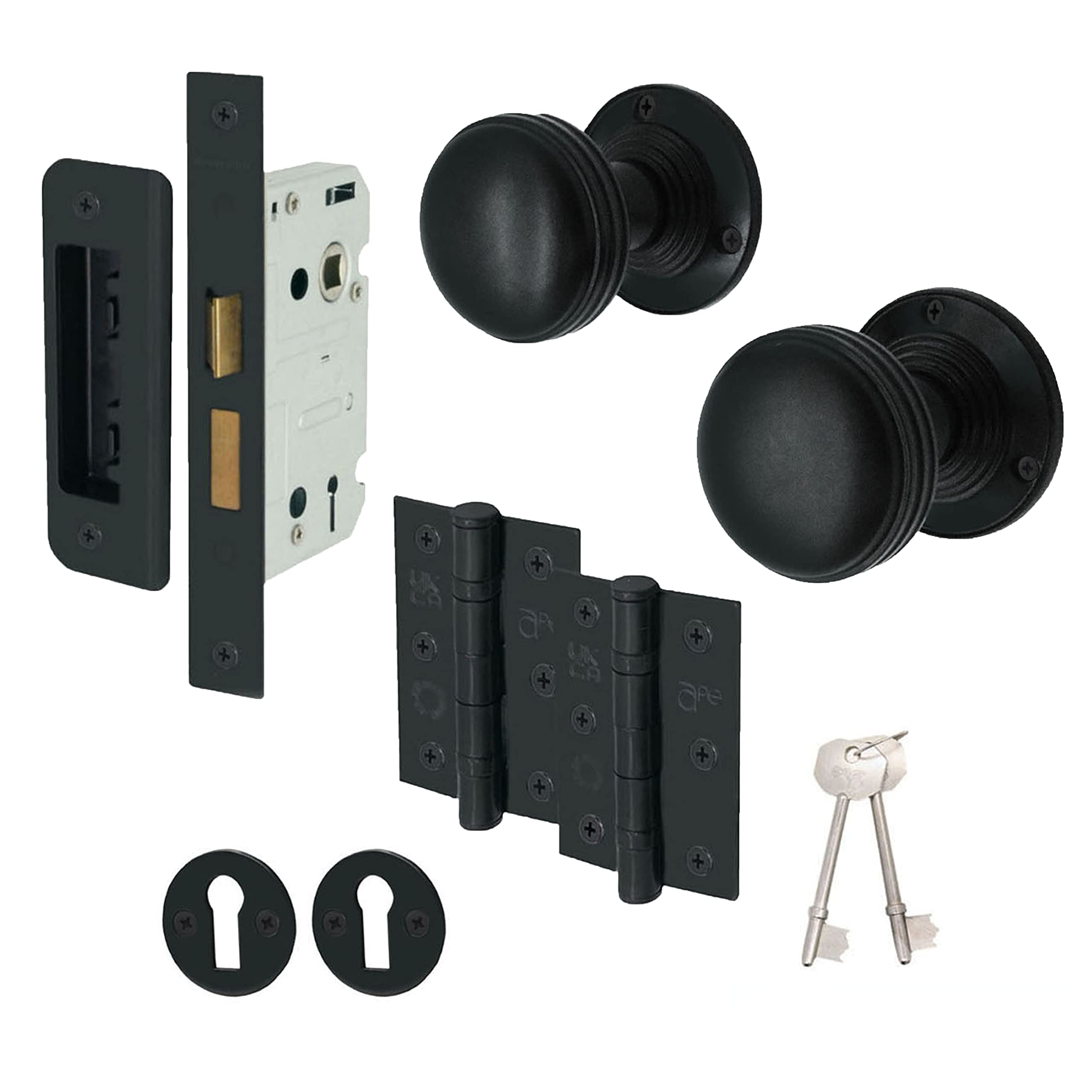 Eai Matt Black Lined Key Lock Door Knob Set | 1 Pair Of Mortice Knobs (55Mm), Sash Lock (80Mm) & Hinges (76Mm) For Internal Doors