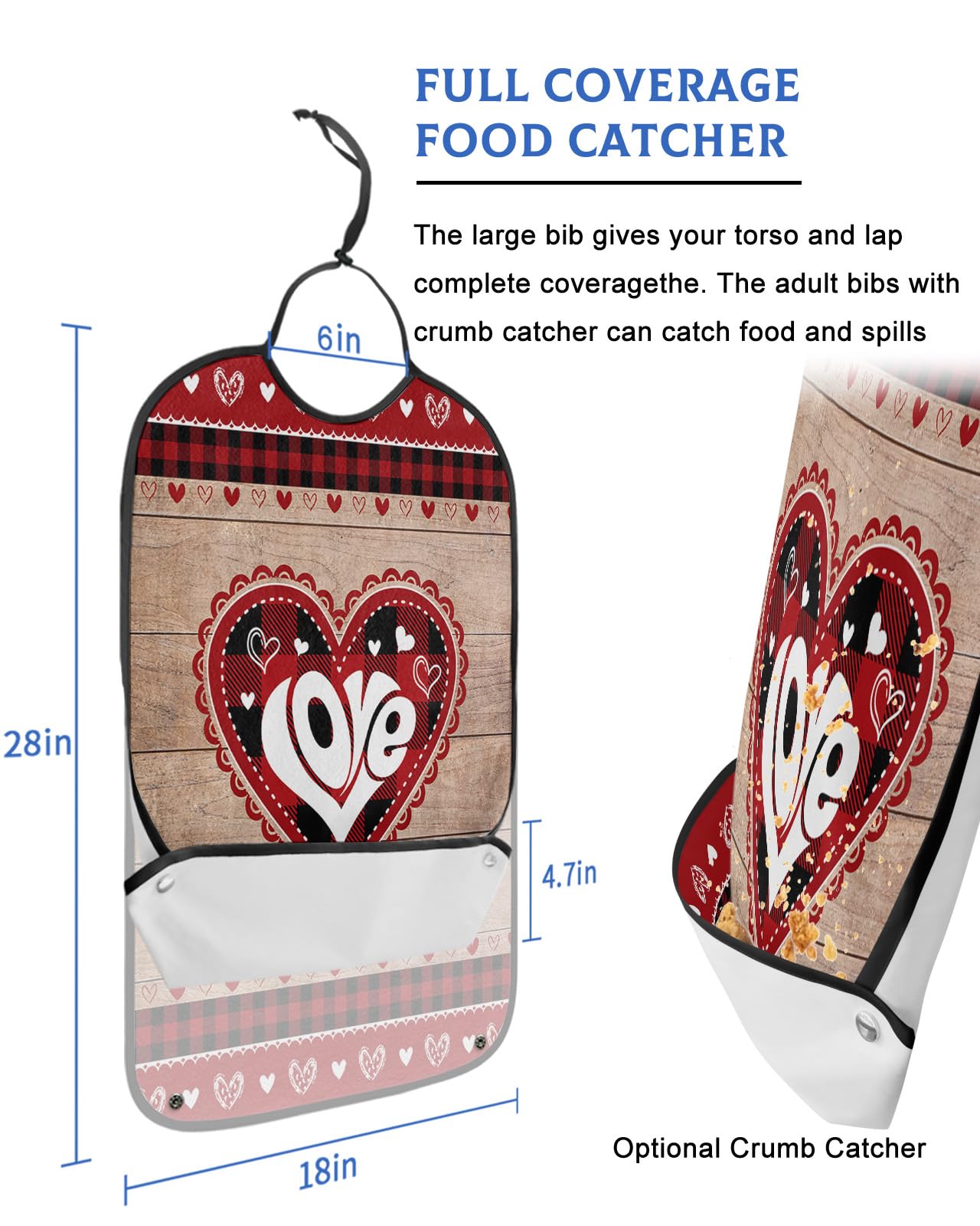 Valentines Adult Bibs for Eating, Waterproof Bibs with Food Catcher & Adjustable Snap Closure, Red Black Buaalo Plaid Love Heart Retro Wood Clothing Protectors Adult Bibs for Elderly Women/Men
