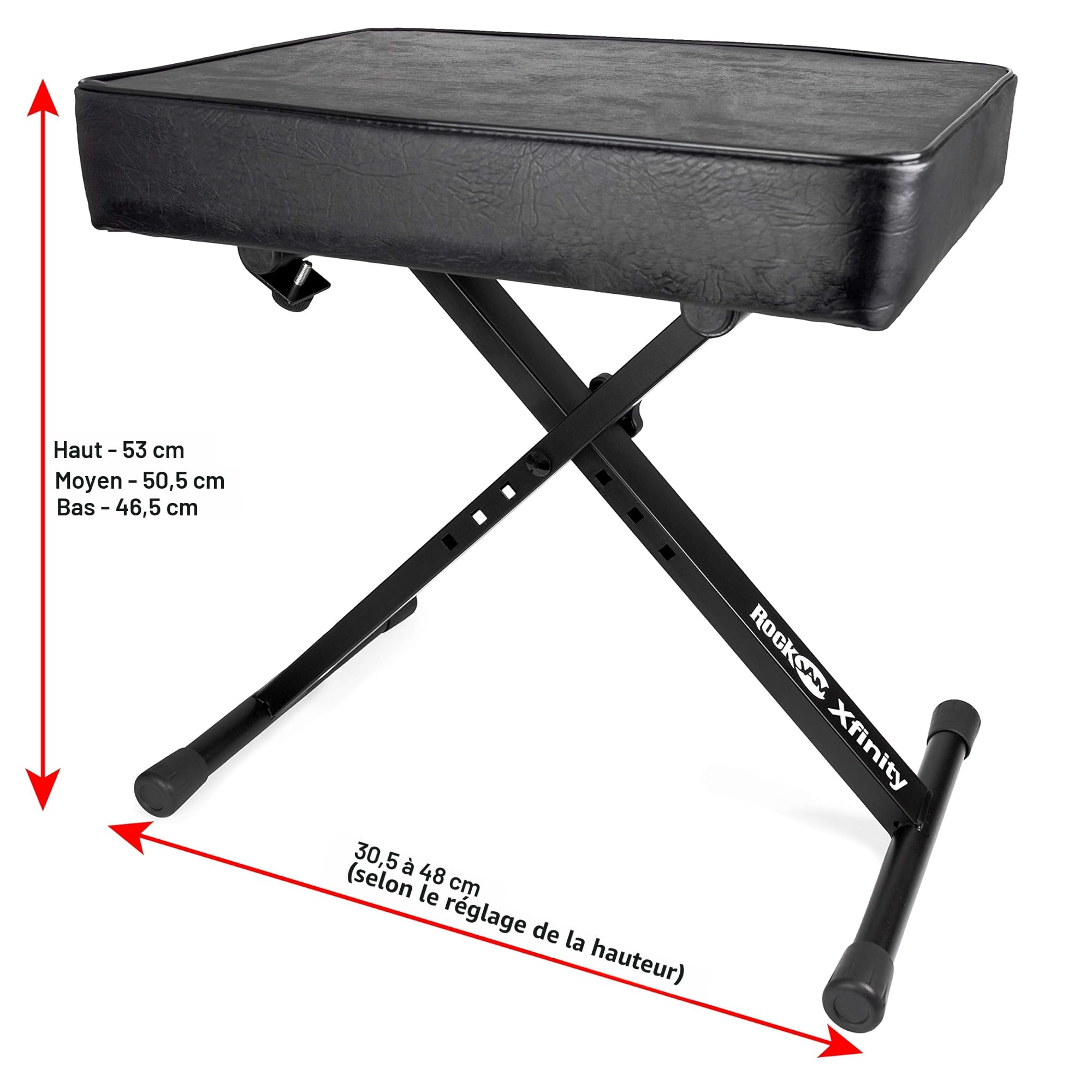 RockJam Banc de Piano Réglable/Tabouret de Clavier, Siège Épais Rembourré, Cadre X Pliant, 4 Hauteurs, Acier Robuste